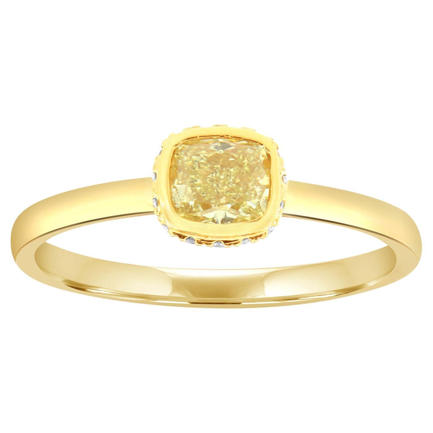 EGL 0.52 Carat Elongated Cushion Yellow Diamond Hidden Halo 18k Yellow Gold Ring For Sale