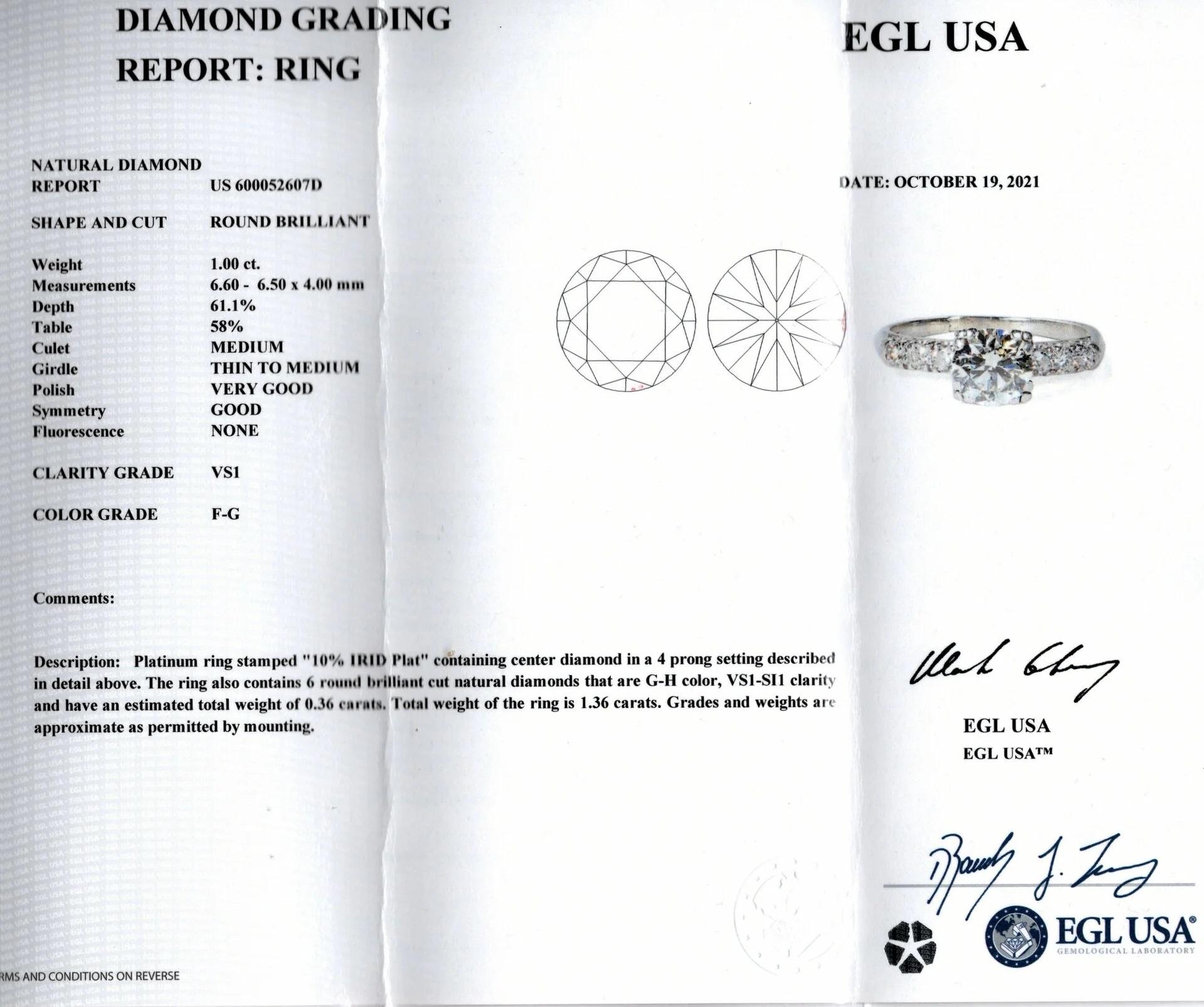 Art Deco EGL 1 Carat Round Brilliant Cut Diamond Engagement Platinum Ring For Sale
