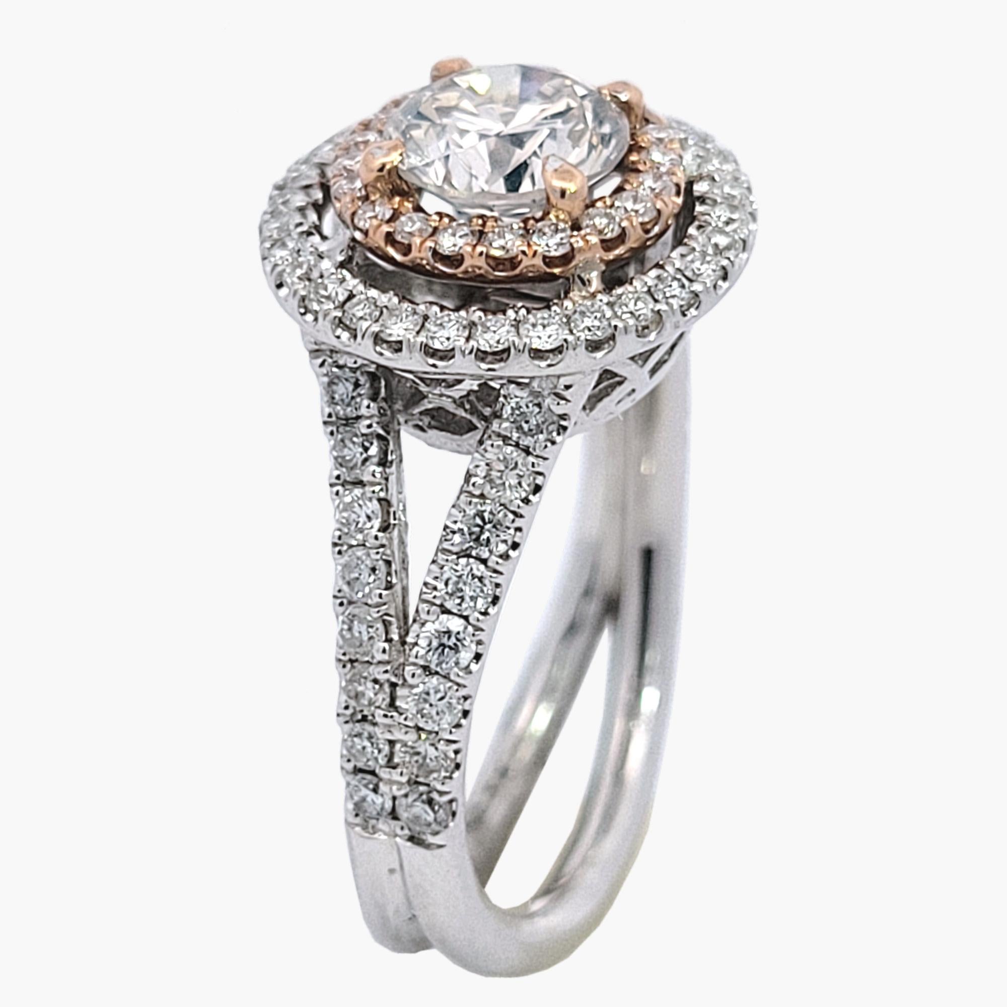 Contemporary EGL 1.02 Ct J/VS2 Round Diamond 18K Double Halo Engagement Ring Split Shank For Sale