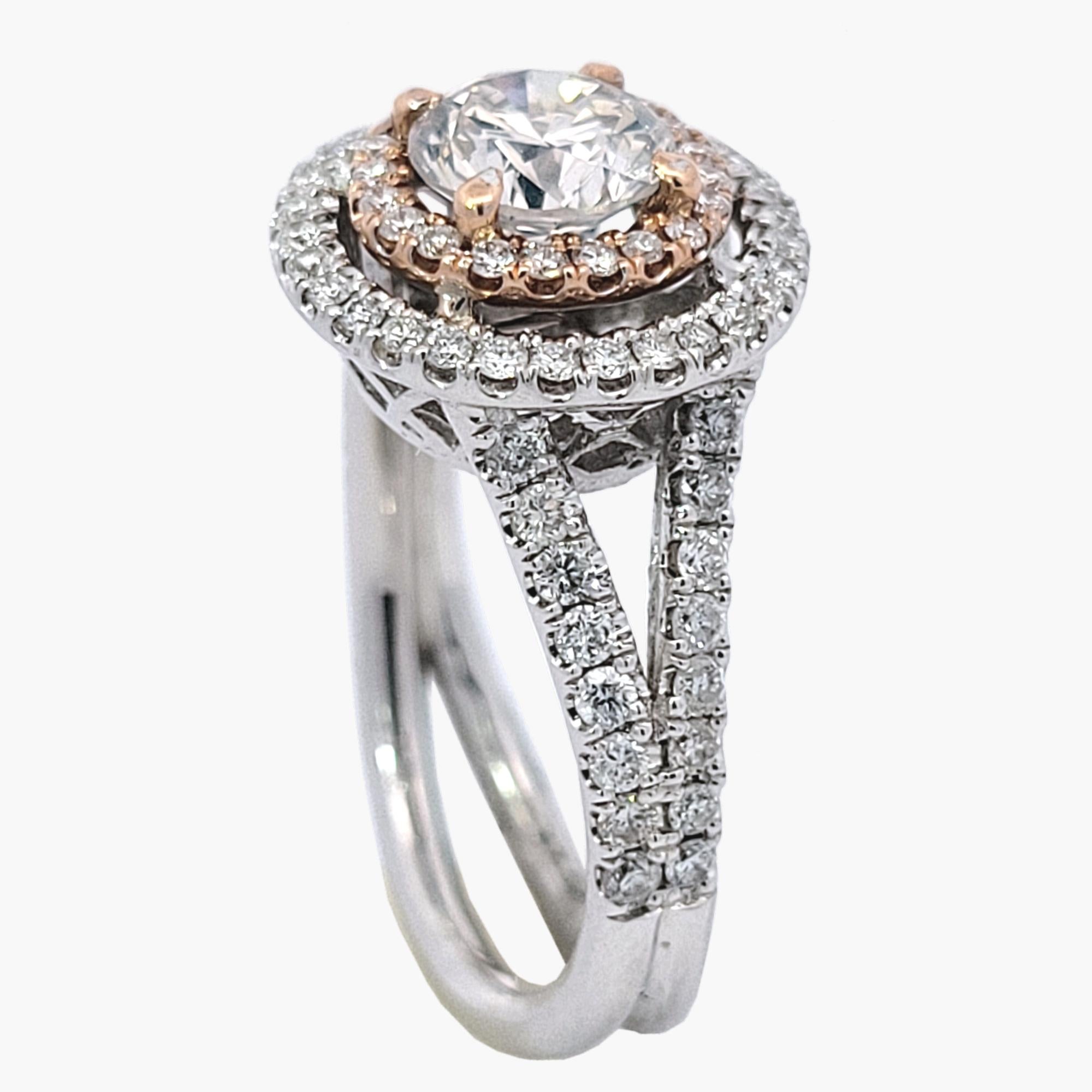 EGL 1.02 Ct J/VS2 Round Diamond 18K Double Halo Engagement Ring Split Shank In New Condition For Sale In Los Angeles, CA