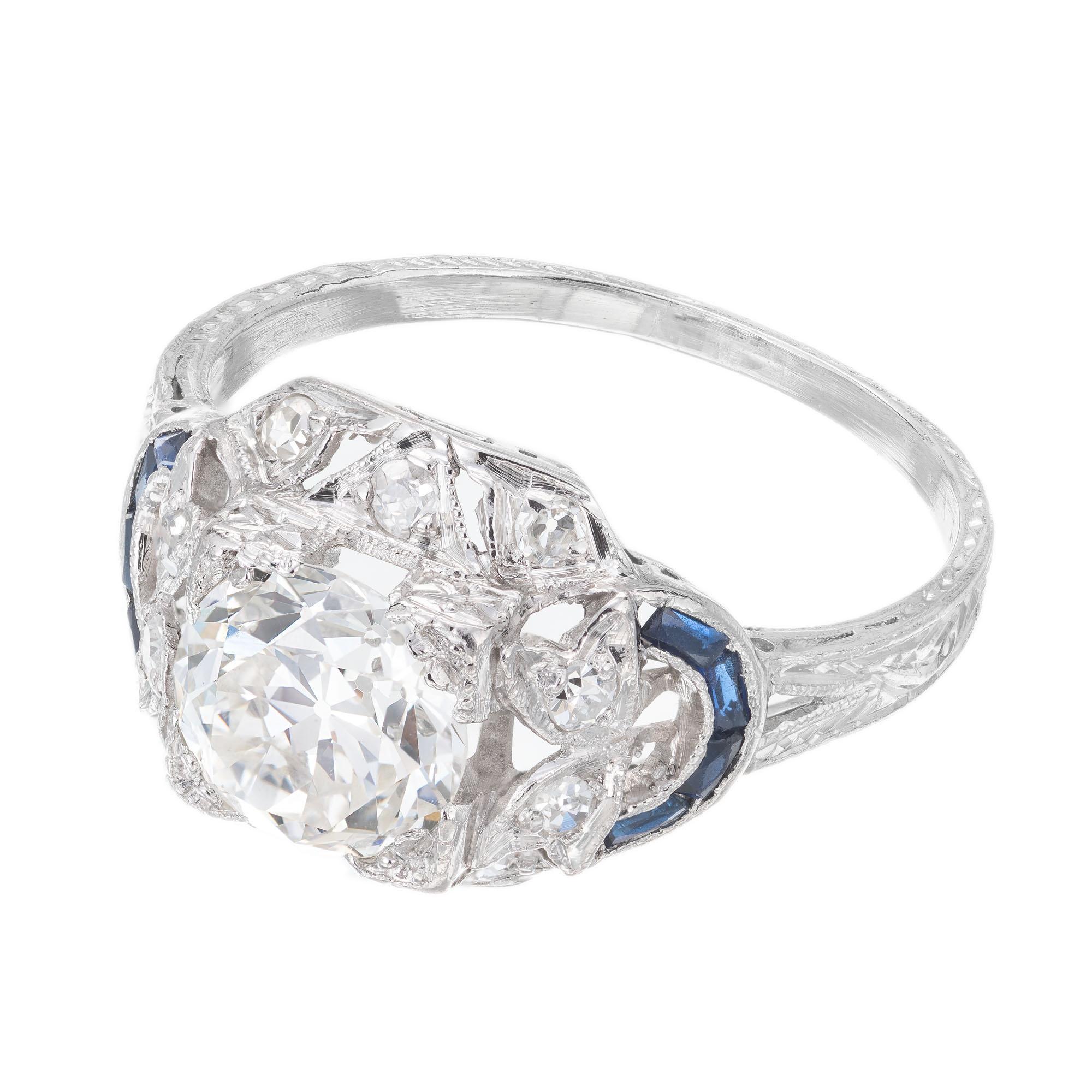 Round Cut EGL 1.30 Carat Diamond Sapphire Engraved Platinum Edwardian Engagement Ring For Sale