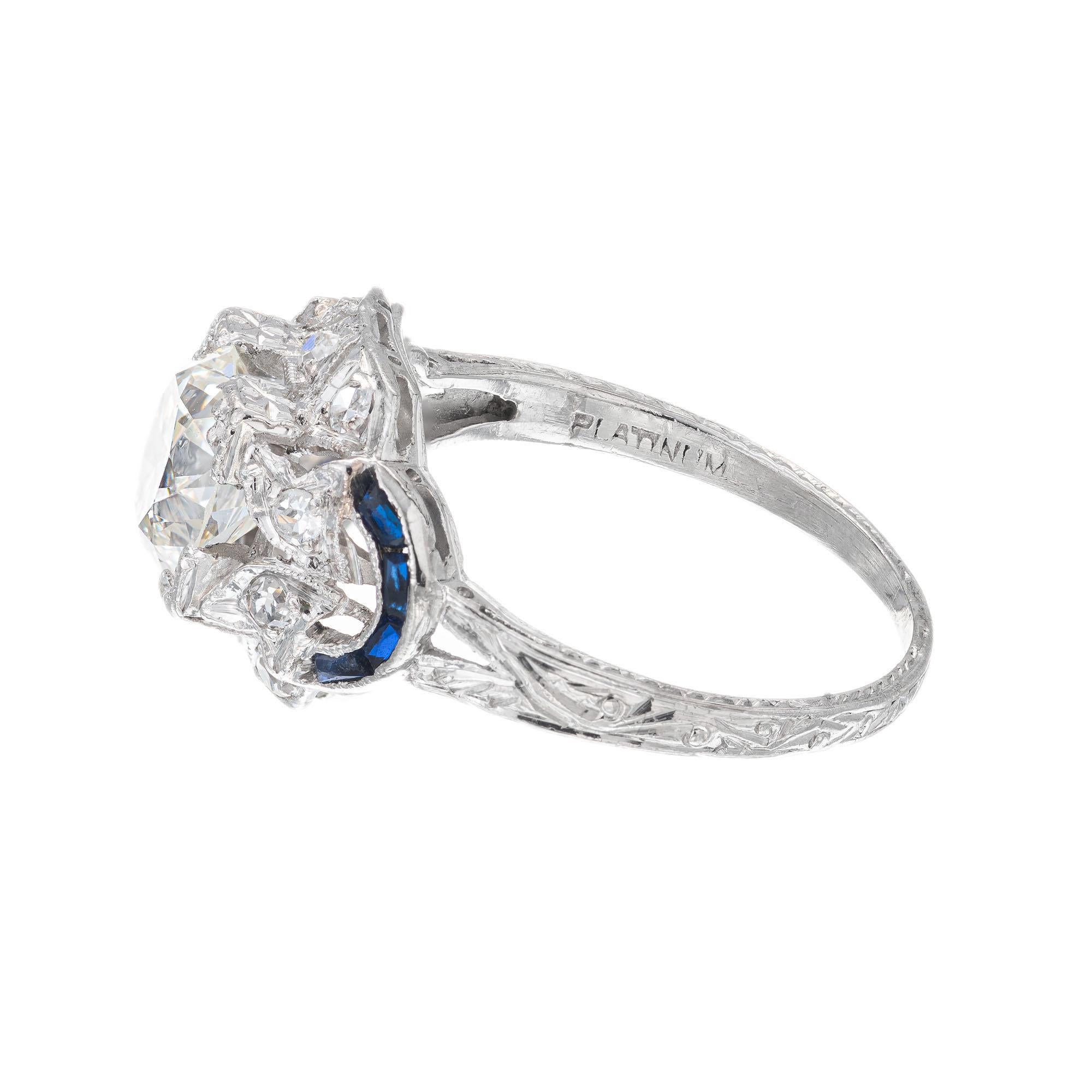 EGL 1.30 Carat Diamond Sapphire Engraved Platinum Edwardian Engagement Ring In Good Condition For Sale In Stamford, CT