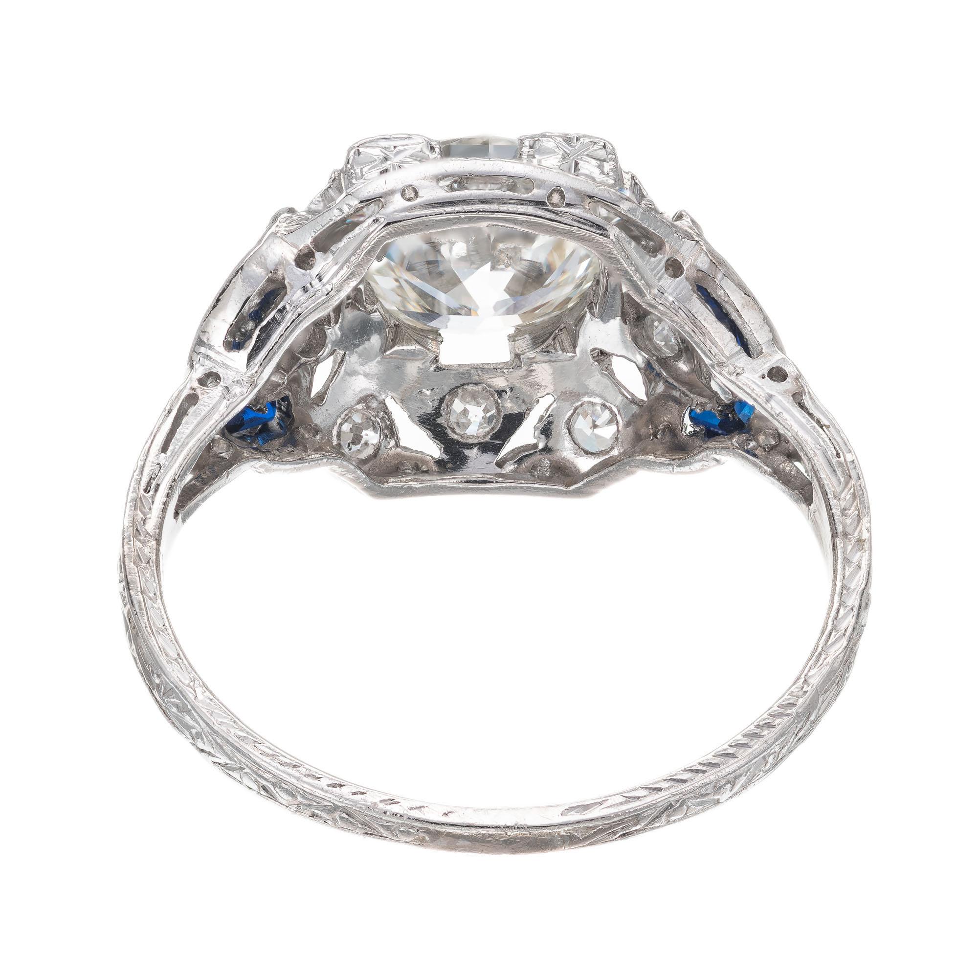 Women's EGL 1.30 Carat Diamond Sapphire Engraved Platinum Edwardian Engagement Ring For Sale