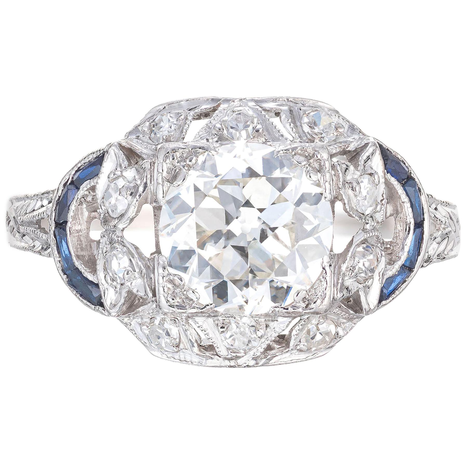 EGL 1.30 Carat Diamond Sapphire Engraved Platinum Edwardian Engagement Ring