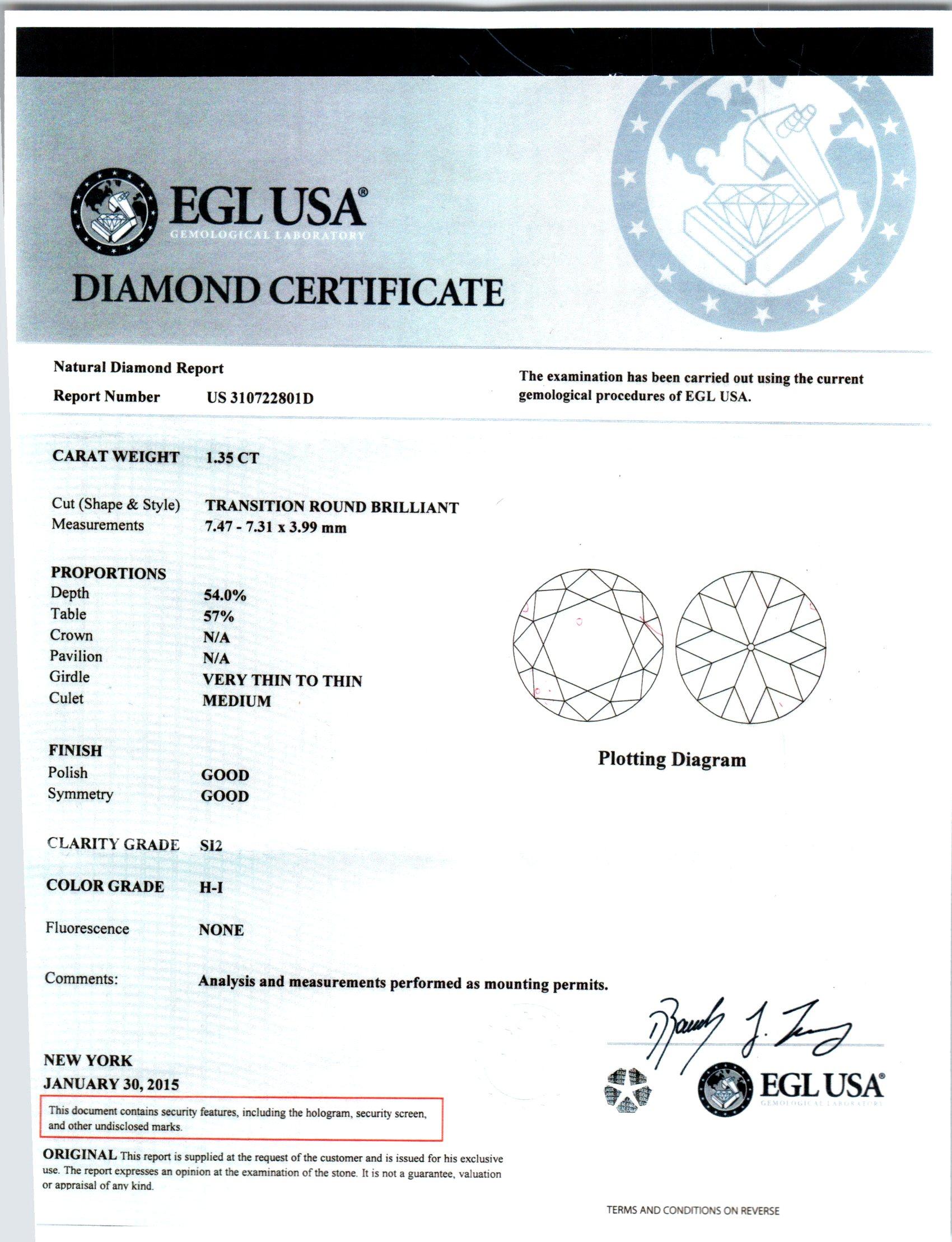 Women's EGL 1.35 Carat Transitional Cut Diamond Platinum Engagement Ring For Sale