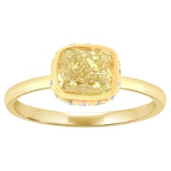 EGL 1.51 Carat Elongated Cushion Yellow Diamond Hidden Halo 18K Yellow Gold Ring