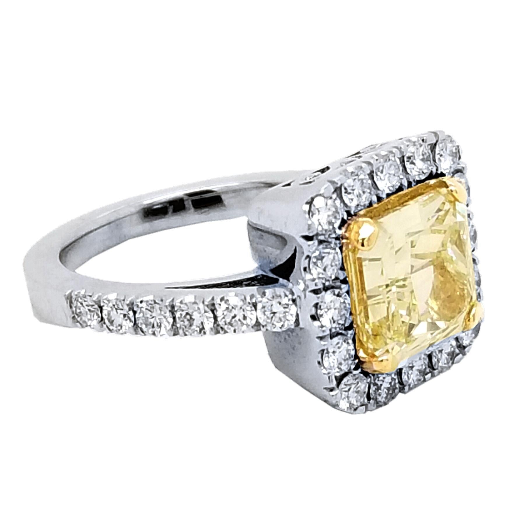 A Square Radiant Cut Natural Fancy Light Yellow VS2 EGL US certified center Diamond set in a beautiful 18k gold pave set Diamond Engagement Ring with Halo with total weight of 0.91 Ct. diamonds on the side #sayitwithyellow 

Center stone: 2.49 Ct