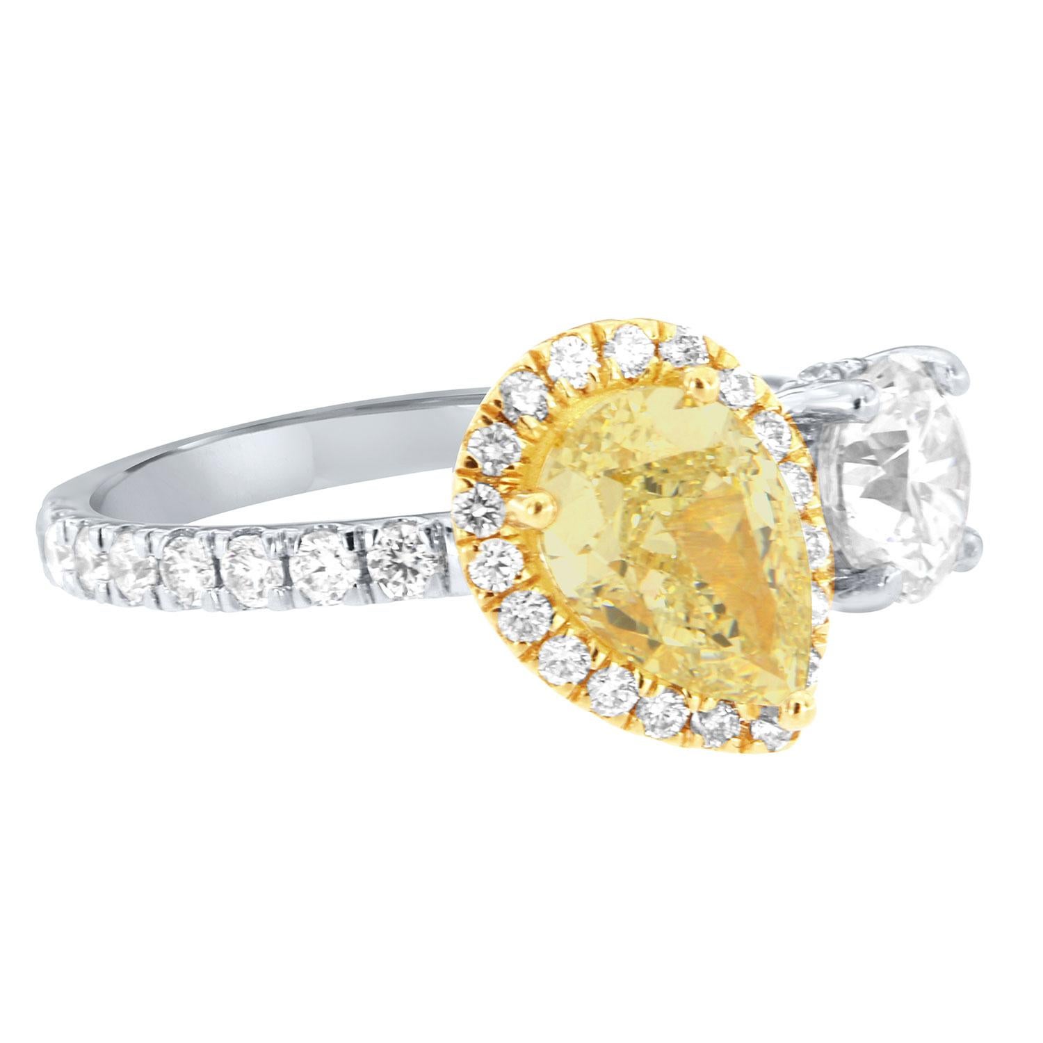 Pear Cut EGL 3.02 Carat TW 14K White & Yellow Gold Pear & Round Shape Halo Diamond Ring For Sale