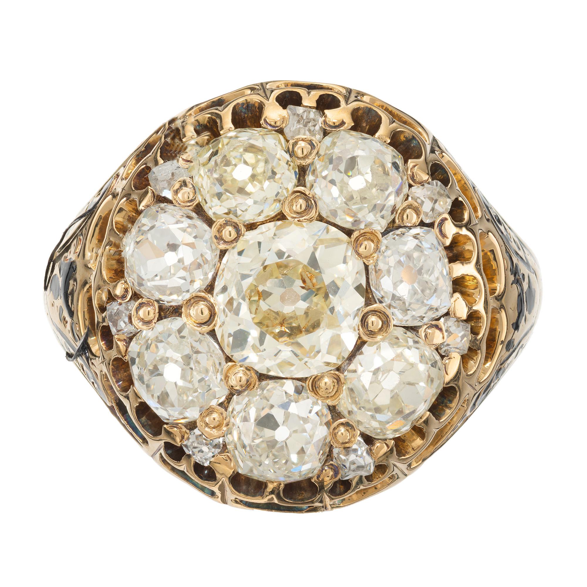 Witness this breathtaking 1800’s Victorian EGL certified diamond cluster cocktail ring in an 18k yellow gold setting with a hand enameled shank. This wonderful ring begins with an old mine brilliant cut center diamond, approximately .91cts. Which is