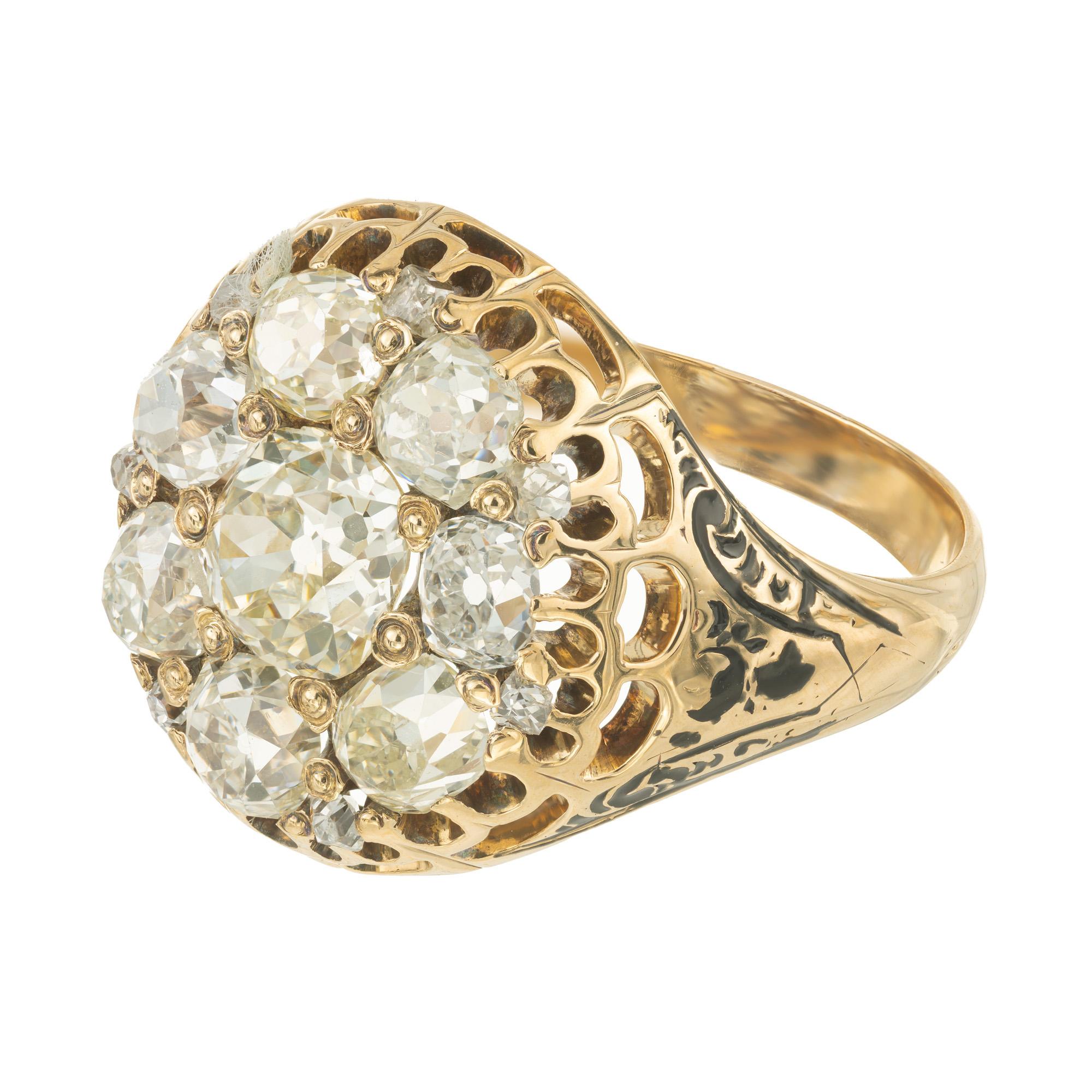 Old Mine Cut EGL 3.05 Carat Diamond Victorian Enamel Yellow Gold Cocktail Cluster Ring For Sale