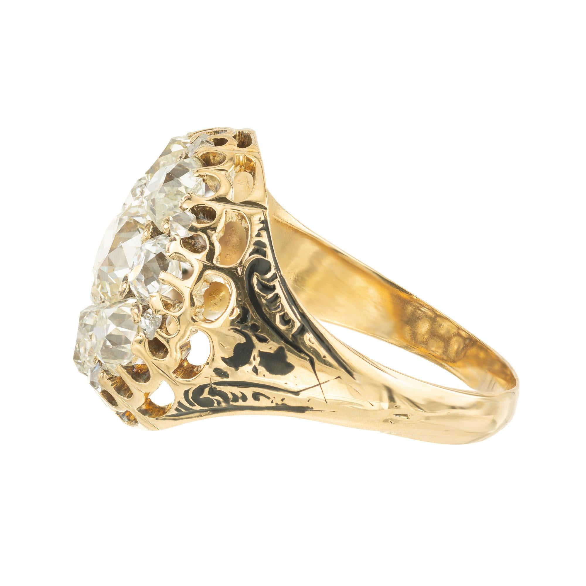 Women's EGL 3.05 Carat Diamond Victorian Enamel Yellow Gold Cocktail Cluster Ring For Sale