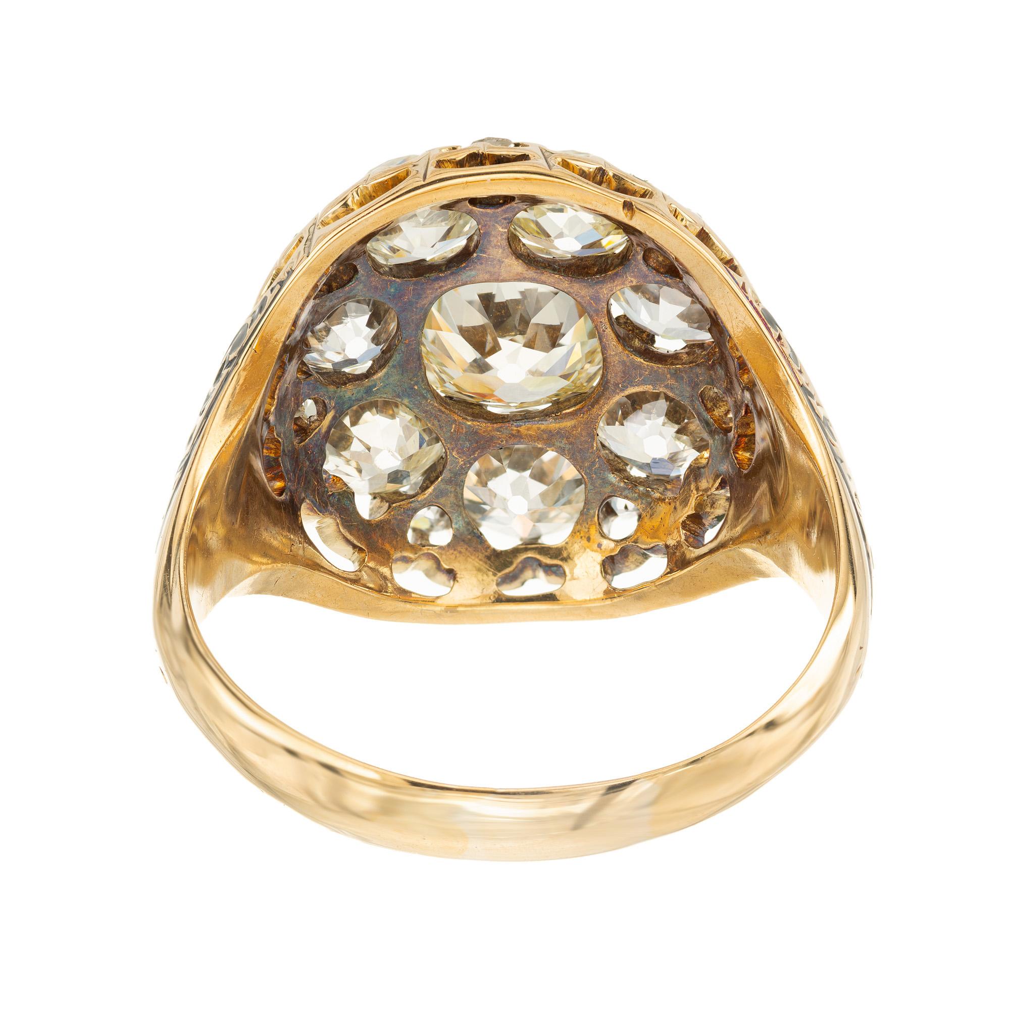 EGL 3.05 Carat Diamond Victorian Enamel Yellow Gold Cocktail Cluster Ring For Sale 1