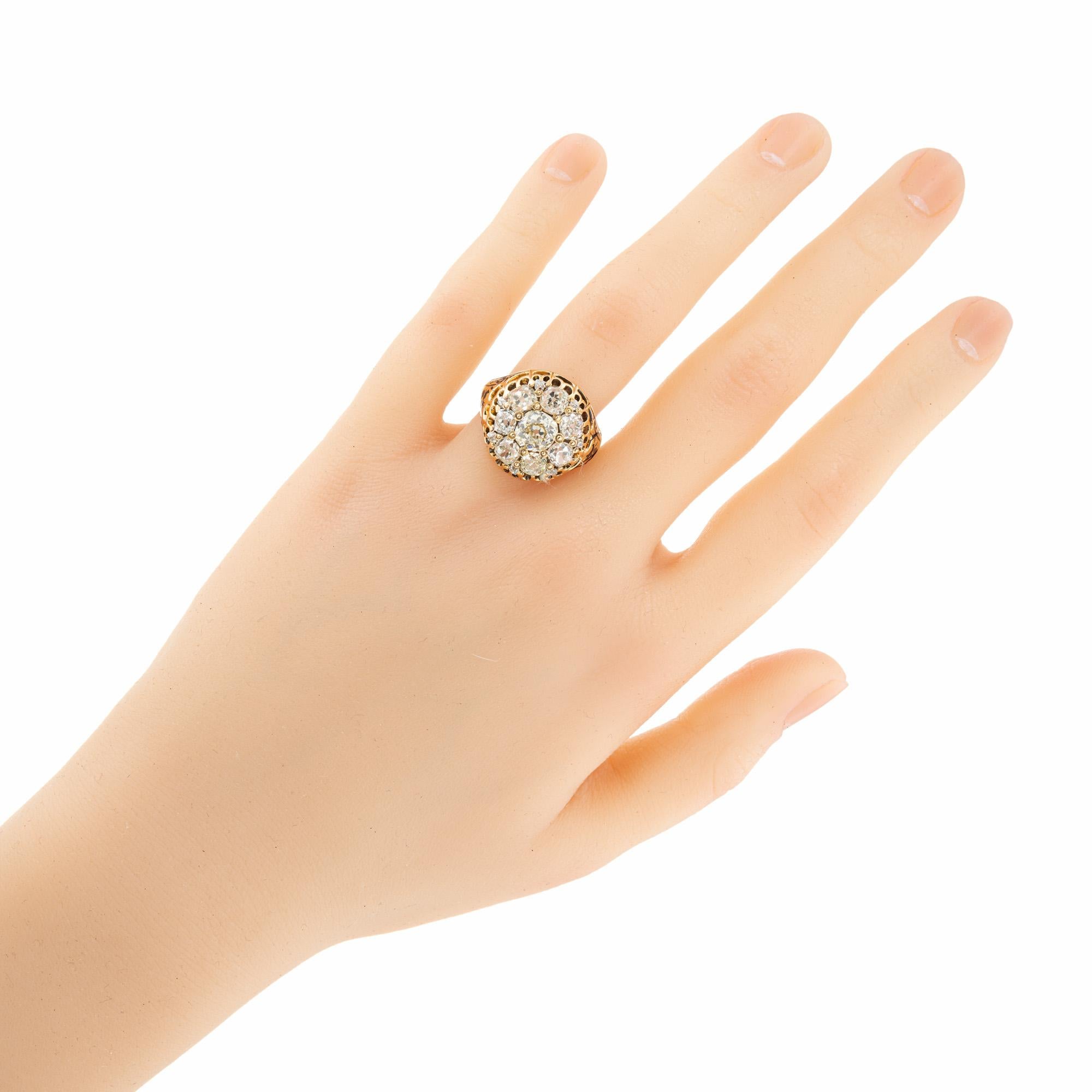 EGL 3.05 Carat Diamond Victorian Enamel Yellow Gold Cocktail Cluster Ring For Sale 2