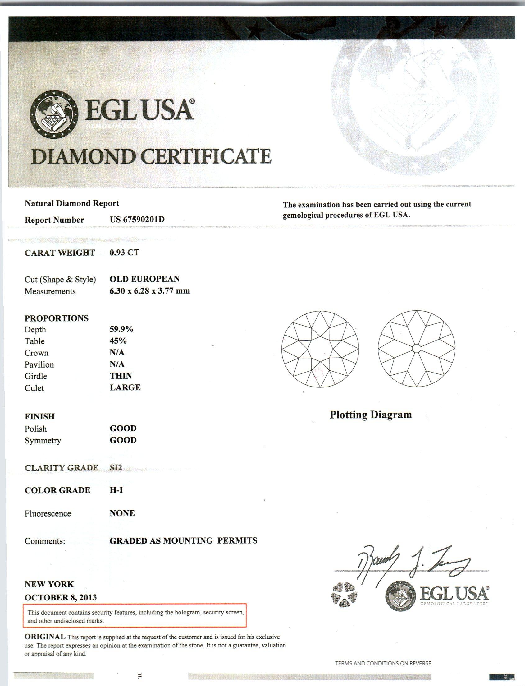 Old European Cut EGL .93 Carat Old European Diamond Platinum Filigree Engagement Ring For Sale