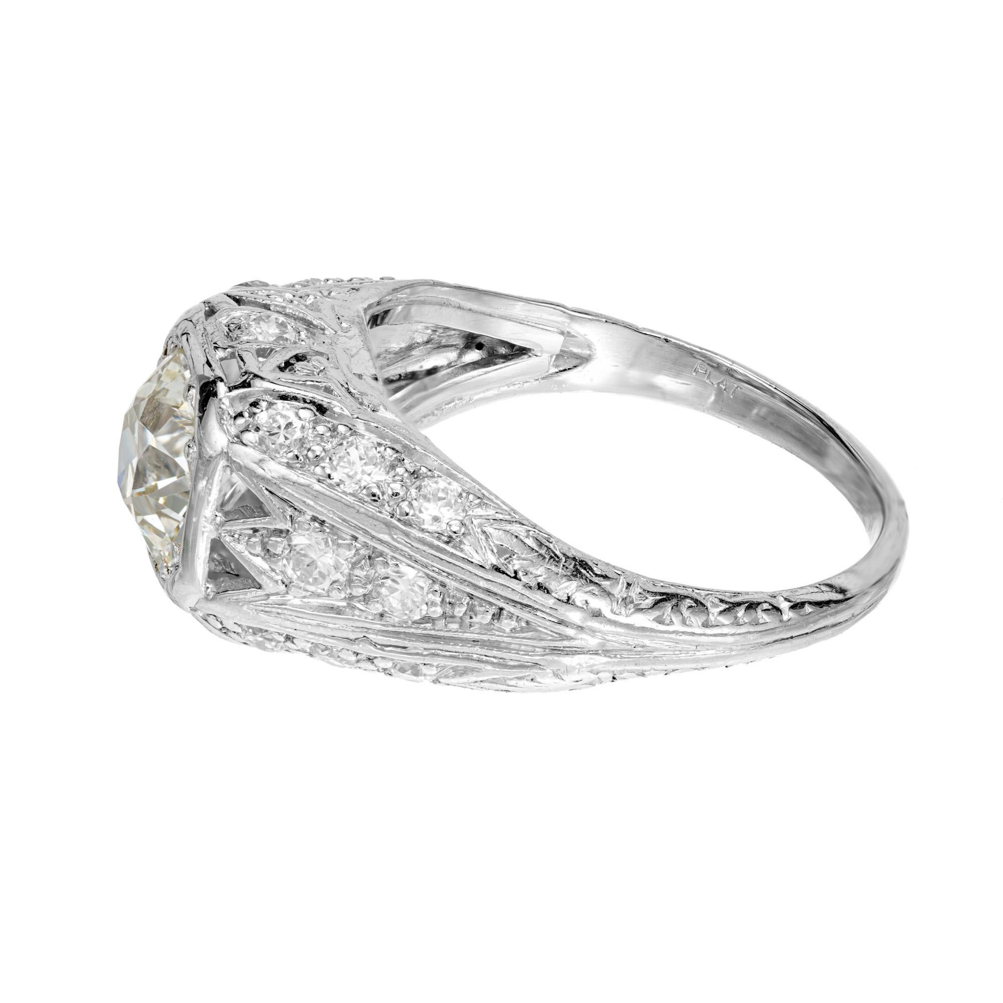 EGL .93 Carat Old European Diamond Platinum Filigree Engagement Ring In Good Condition For Sale In Stamford, CT