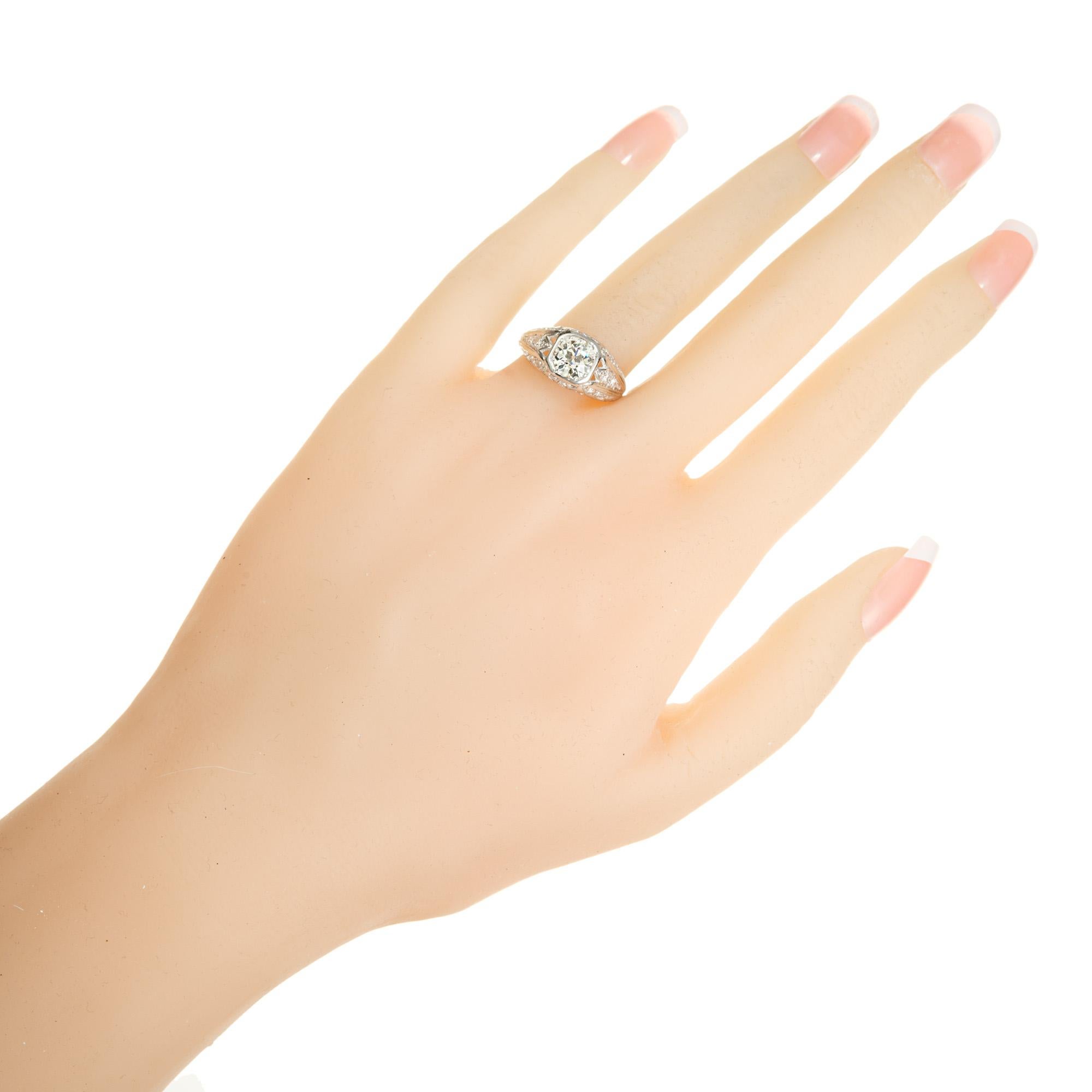 EGL .93 Carat Old European Diamond Platinum Filigree Engagement Ring For Sale 2