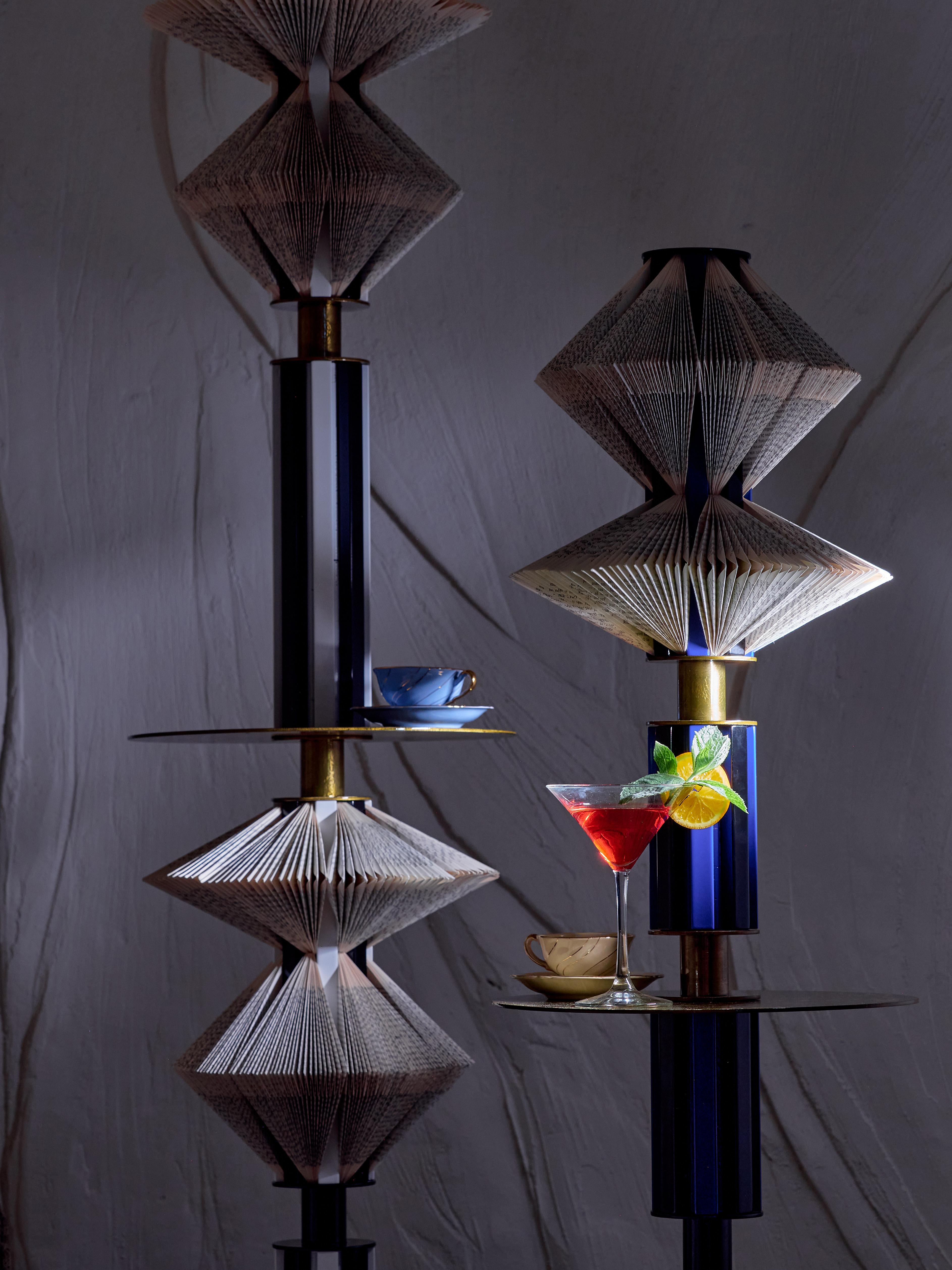 Functional Sculptures - Bar Tables - 2 pieces set - books, wood and steel - Brown Abstract Sculpture by Eglė Bučienė
