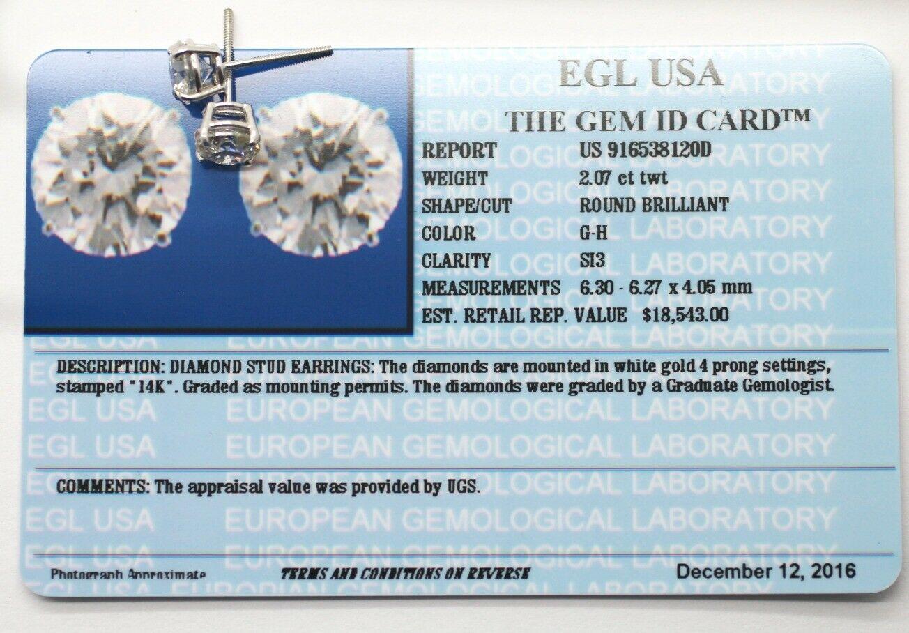 Contemporary EGL Certificate 2.07 Carat Round G/H SI3 Stud Earrings
