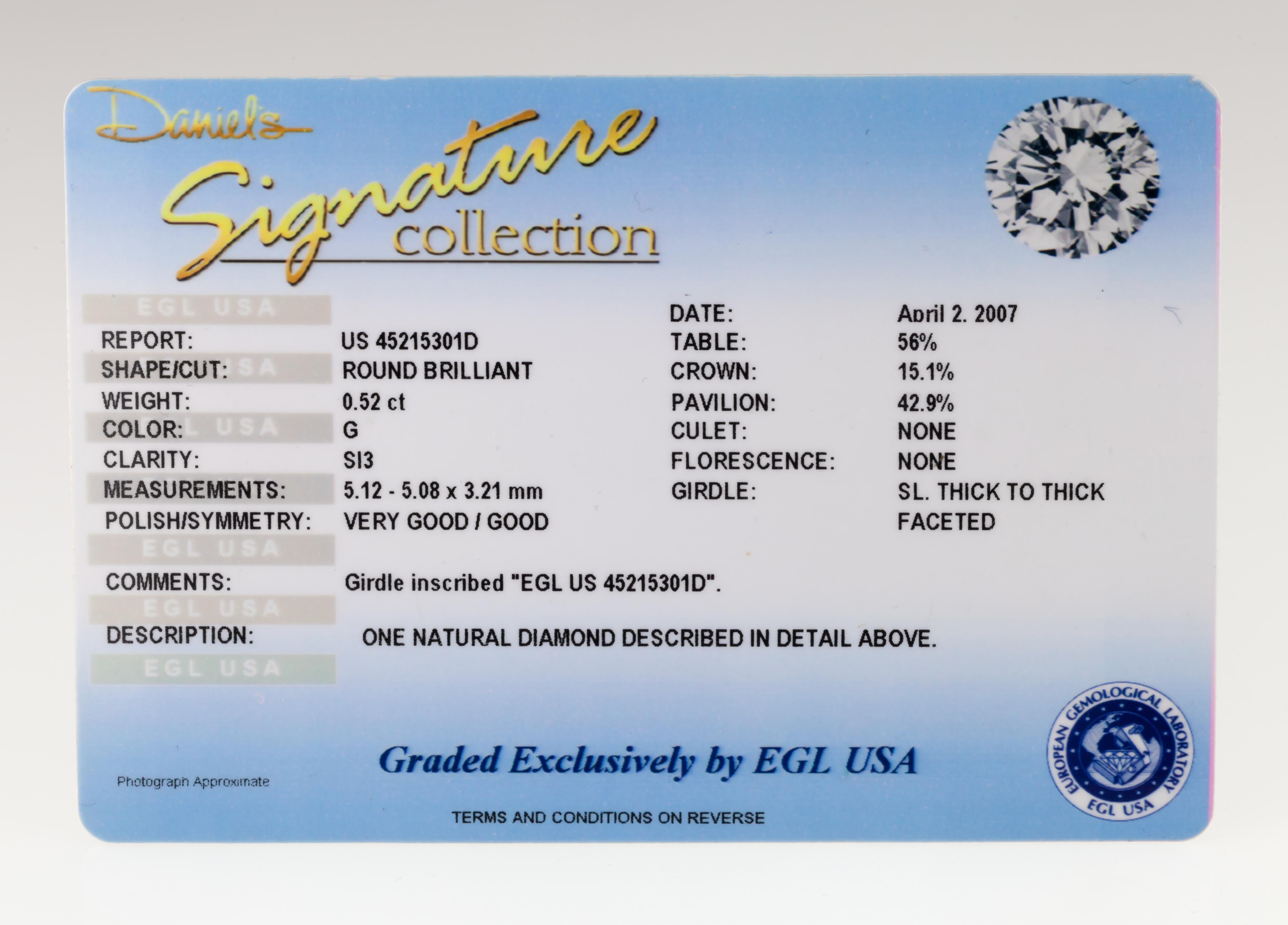 Bague solitaire en or blanc 14 carats sertie d'un diamant G/ SI3 de 0,52 carat certifié EGL en vente 11