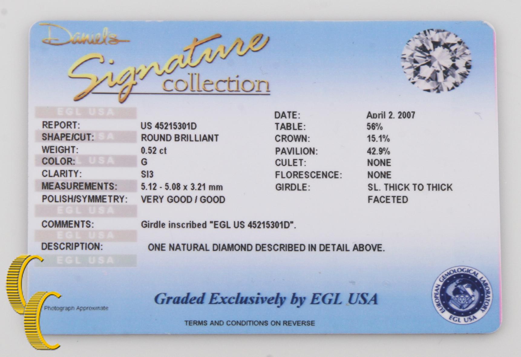 Bague solitaire en or blanc 14 carats sertie d'un diamant G/ SI3 de 0,52 carat certifié EGL Unisexe en vente