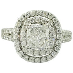 Certified 1 Carat Cushion Diamond Double Halo Engagement Ring 18 Karat Gold