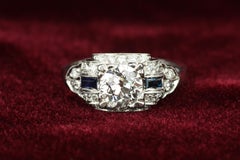 EGL Certified 1.00 Carat Old European Cut Diamond and Sapphire Engagement Ring
