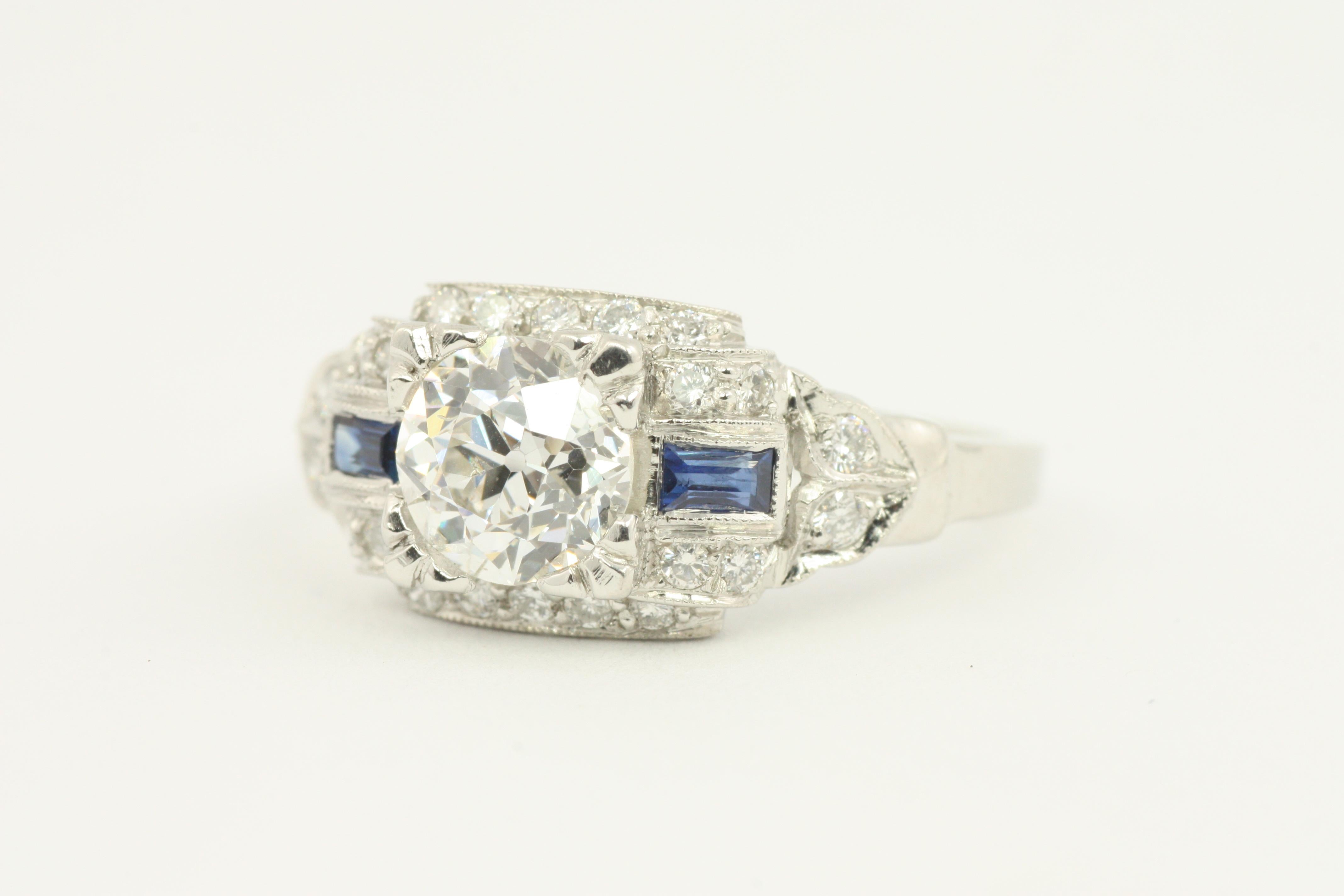 EGL Certified 1.0 Carat Diamond-Sapphire Platinum Art Deco Style Engagement Ring In New Condition For Sale In Santa Monica, CA