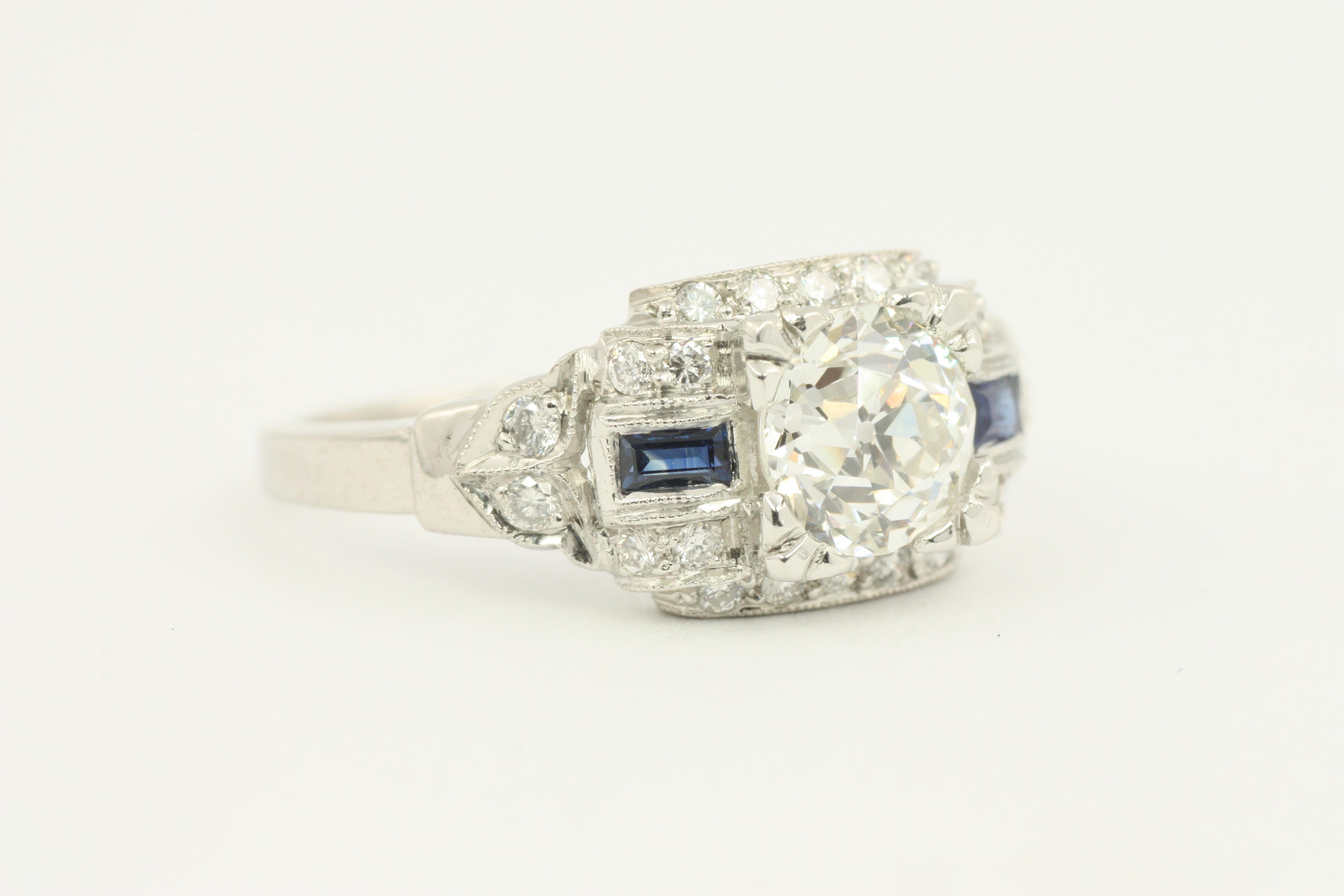 Women's EGL Certified 1.0 Carat Diamond-Sapphire Platinum Art Deco Style Engagement Ring For Sale