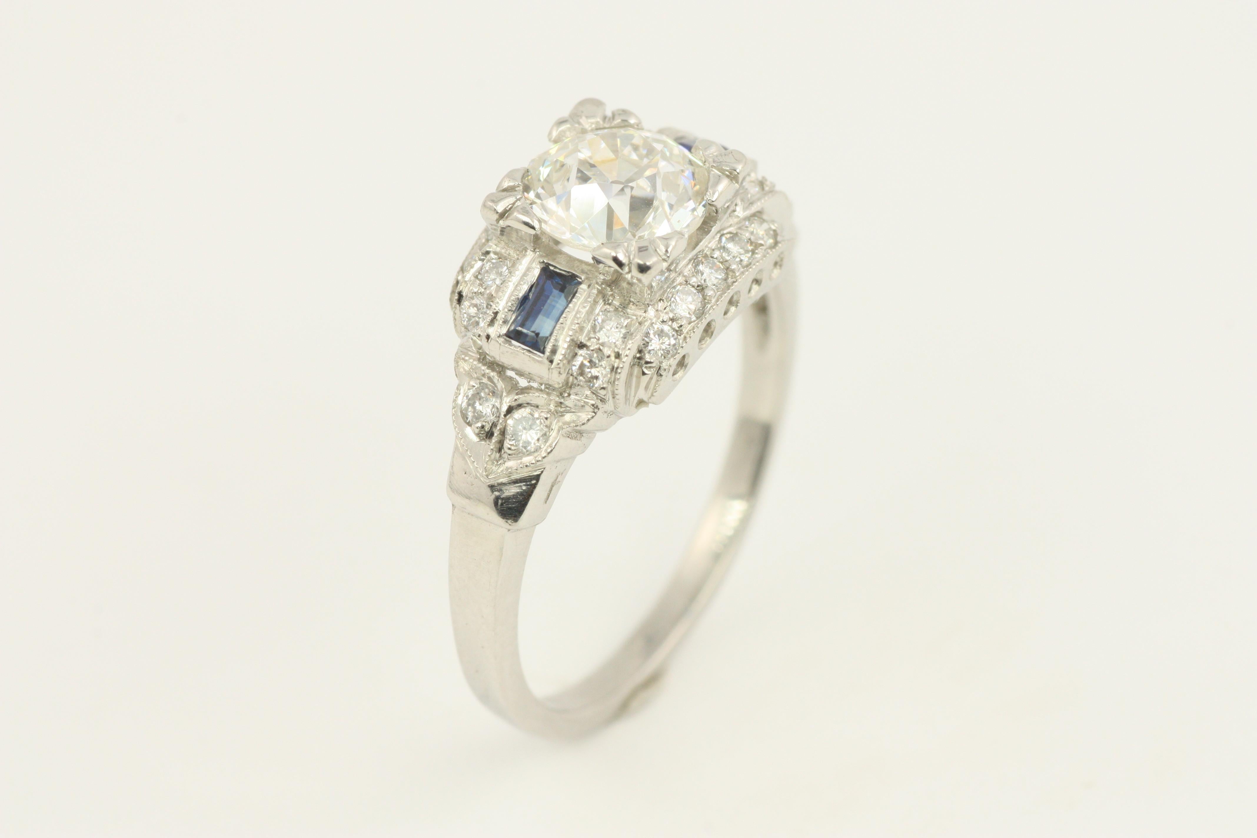 EGL Certified 1.0 Carat Diamond-Sapphire Platinum Art Deco Style Engagement Ring For Sale 1
