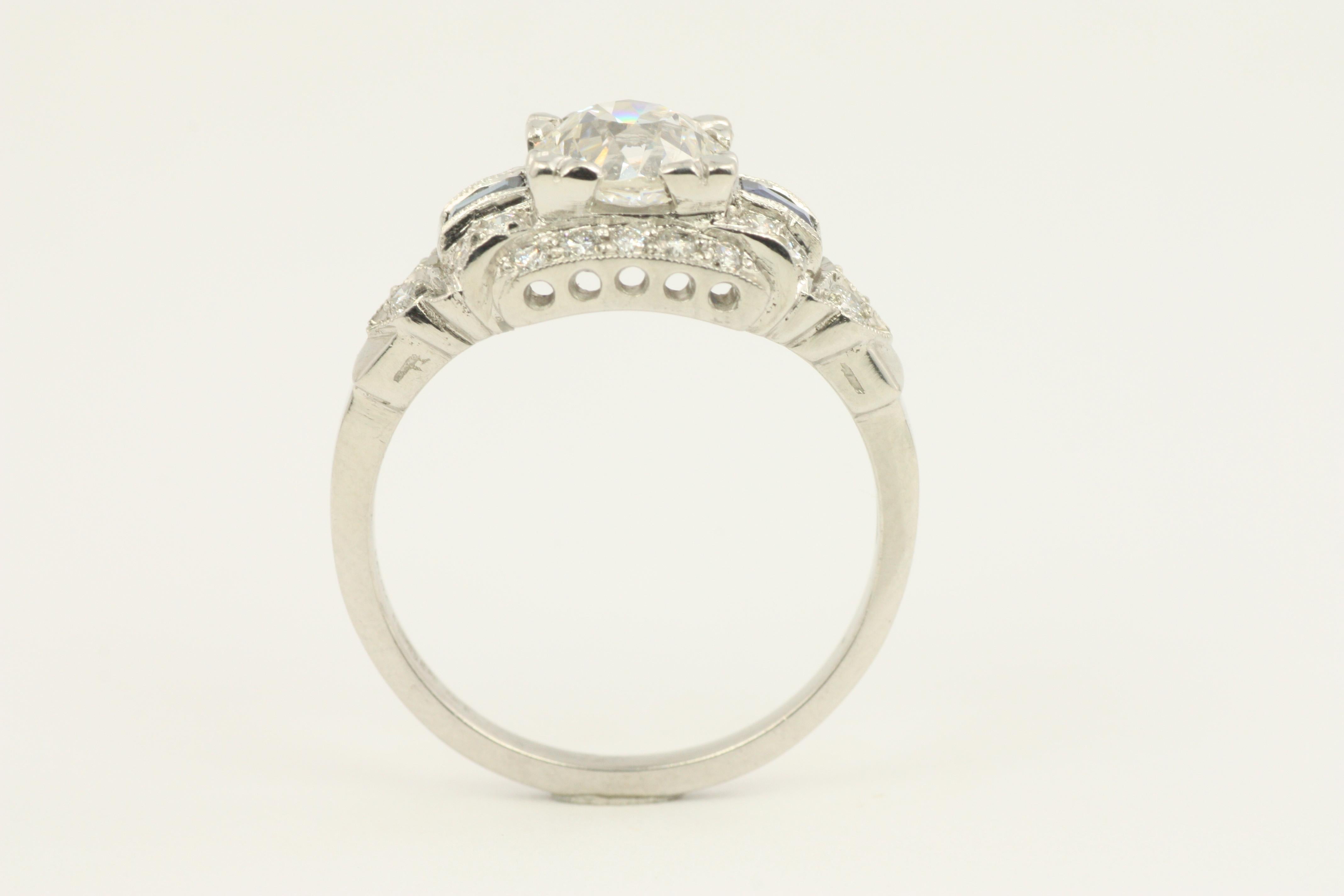 EGL Certified 1.0 Carat Diamond-Sapphire Platinum Art Deco Style Engagement Ring For Sale 2