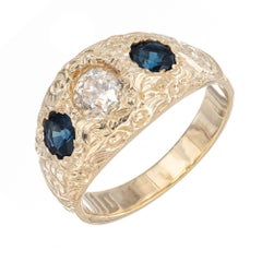 EGL Certified 1.00 Carat Diamond Sapphire Three-Stone Yellow Gold Ring