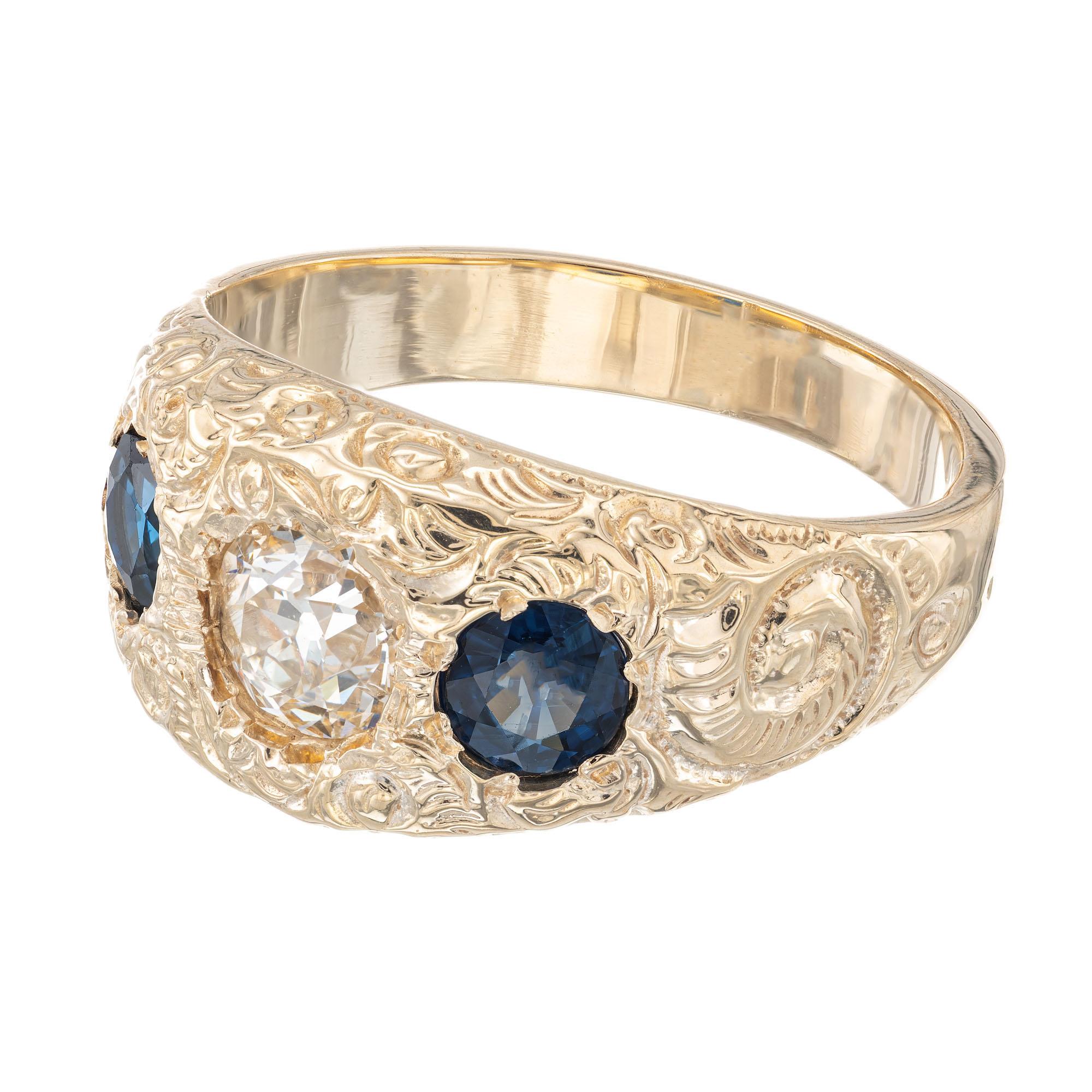 Old European Cut EGL Certified 1.00 Carat Diamond Sapphire Three-Stone Yellow Gold Ring For Sale