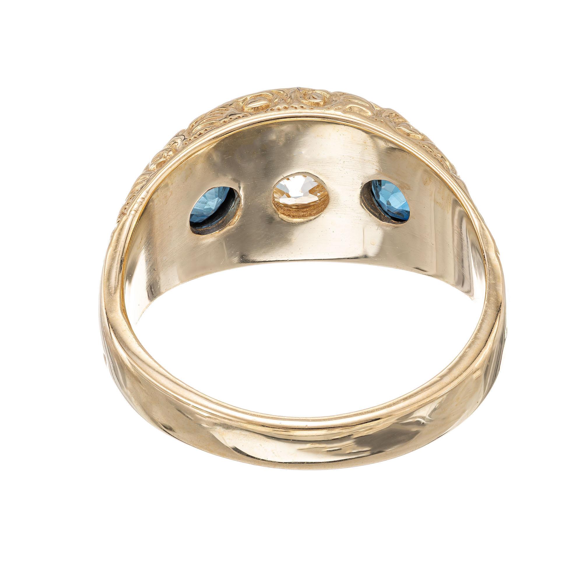 Women's EGL Certified 1.00 Carat Diamond Sapphire Three-Stone Yellow Gold Ring For Sale