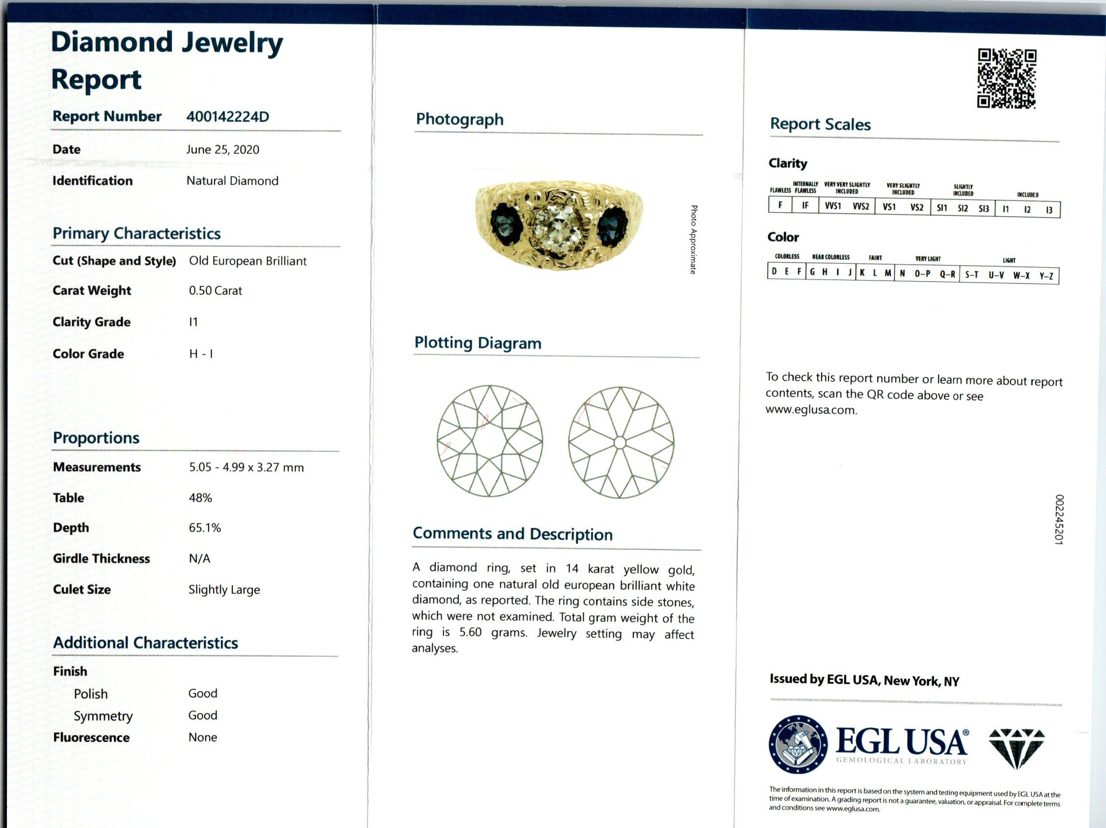 EGL Certified 1.00 Carat Diamond Sapphire Three-Stone Yellow Gold Ring For Sale 2
