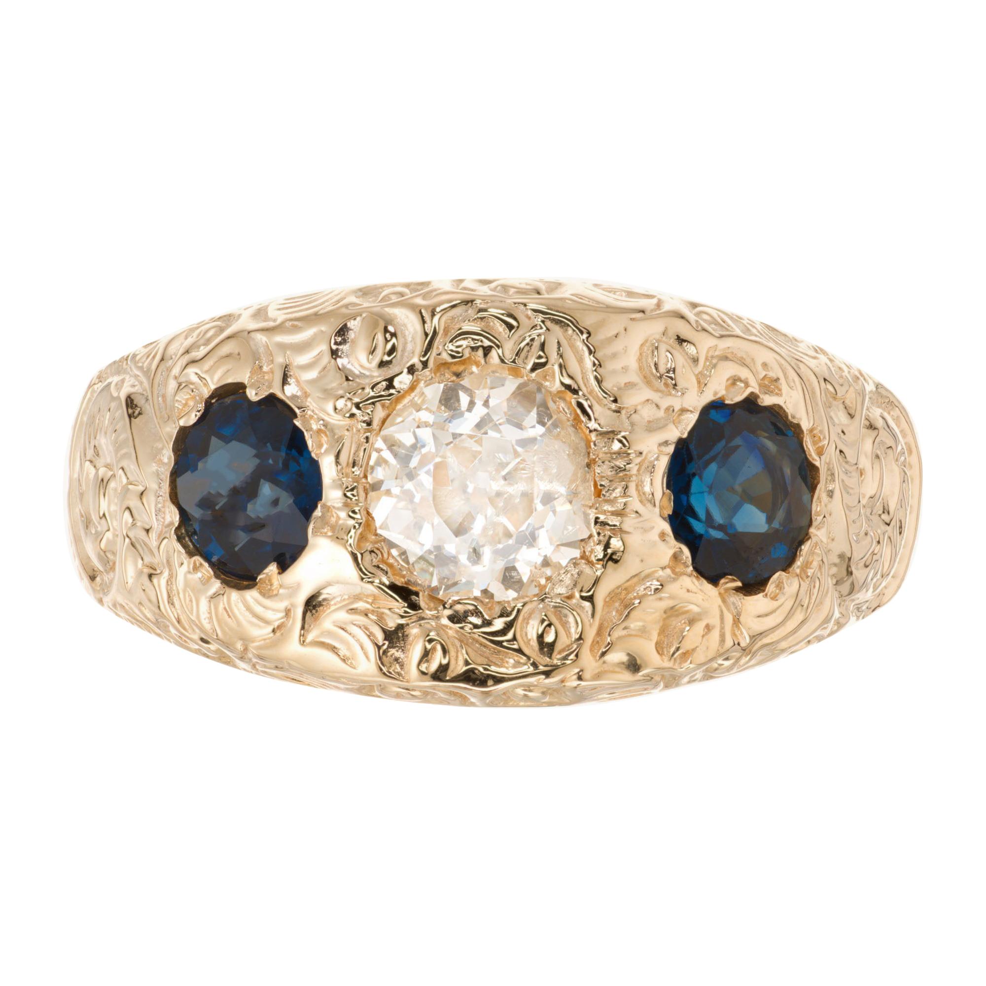 EGL Certified 1.00 Carat Diamond Sapphire Three-Stone Yellow Gold Ring For Sale