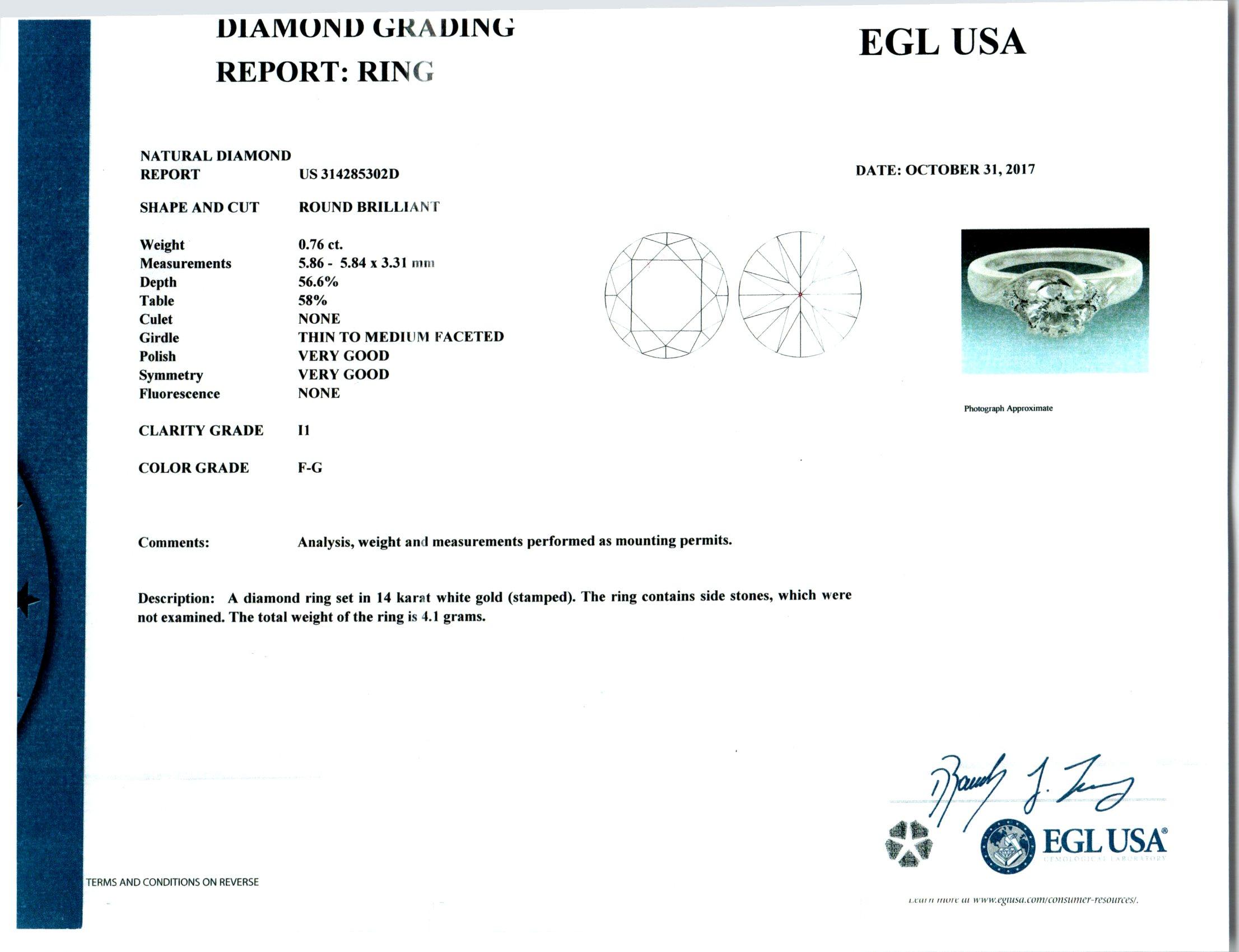 EGL-zertifizierter Verlobungsring aus Weißgold mit 1,00 Karat Diamanten im Zustand „Gut“ im Angebot in Stamford, CT