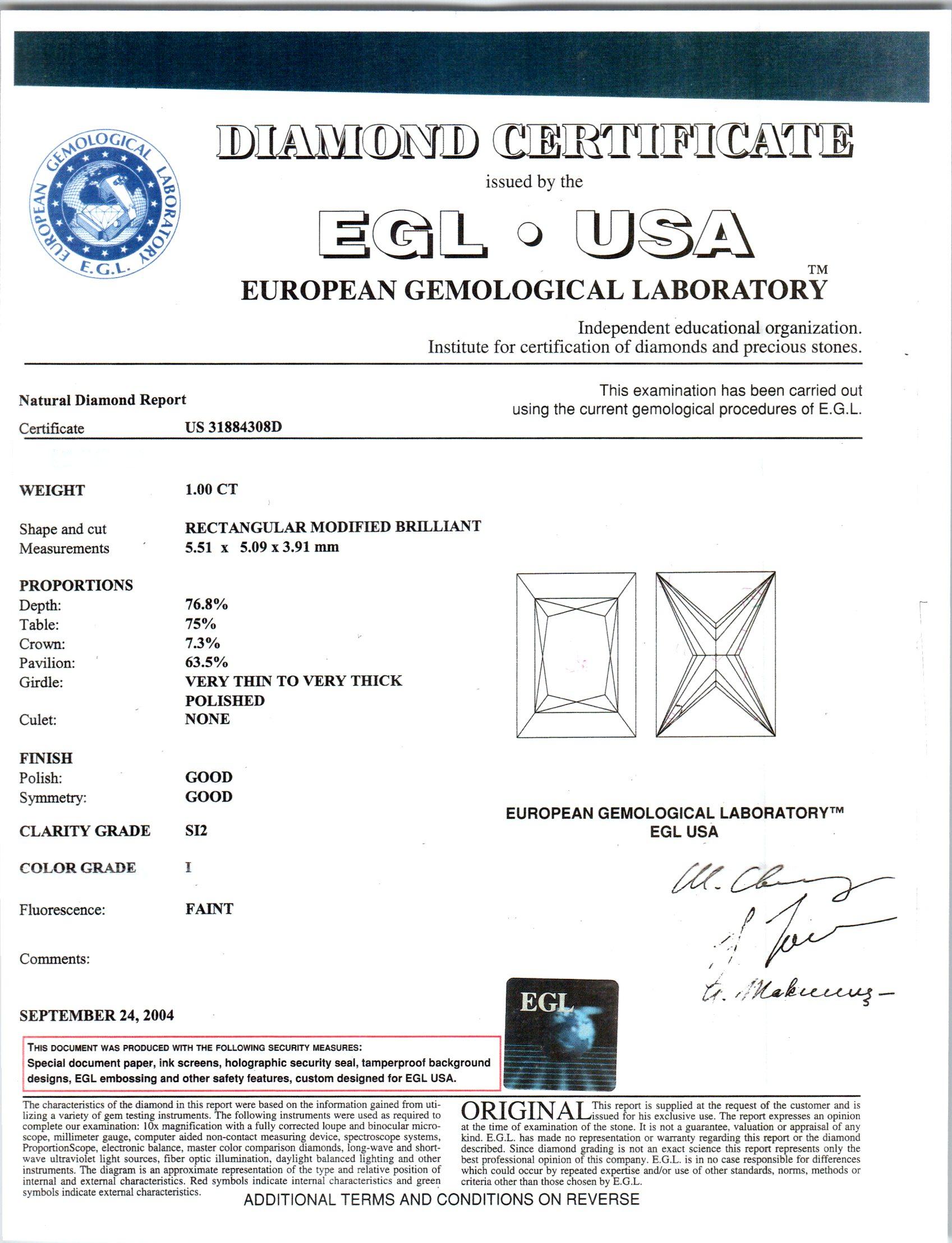 Women's EGL Certified 1.00 Radiant Cut Diamond Platinum Three-Stone Engagement Ring For Sale