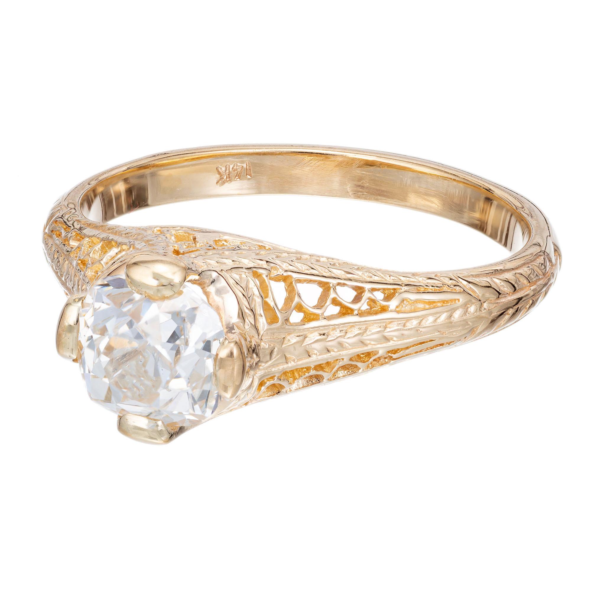 Old Mine Cut EGL Certified 1.01 Carat Diamond Yellow Gold Engagement Ring For Sale