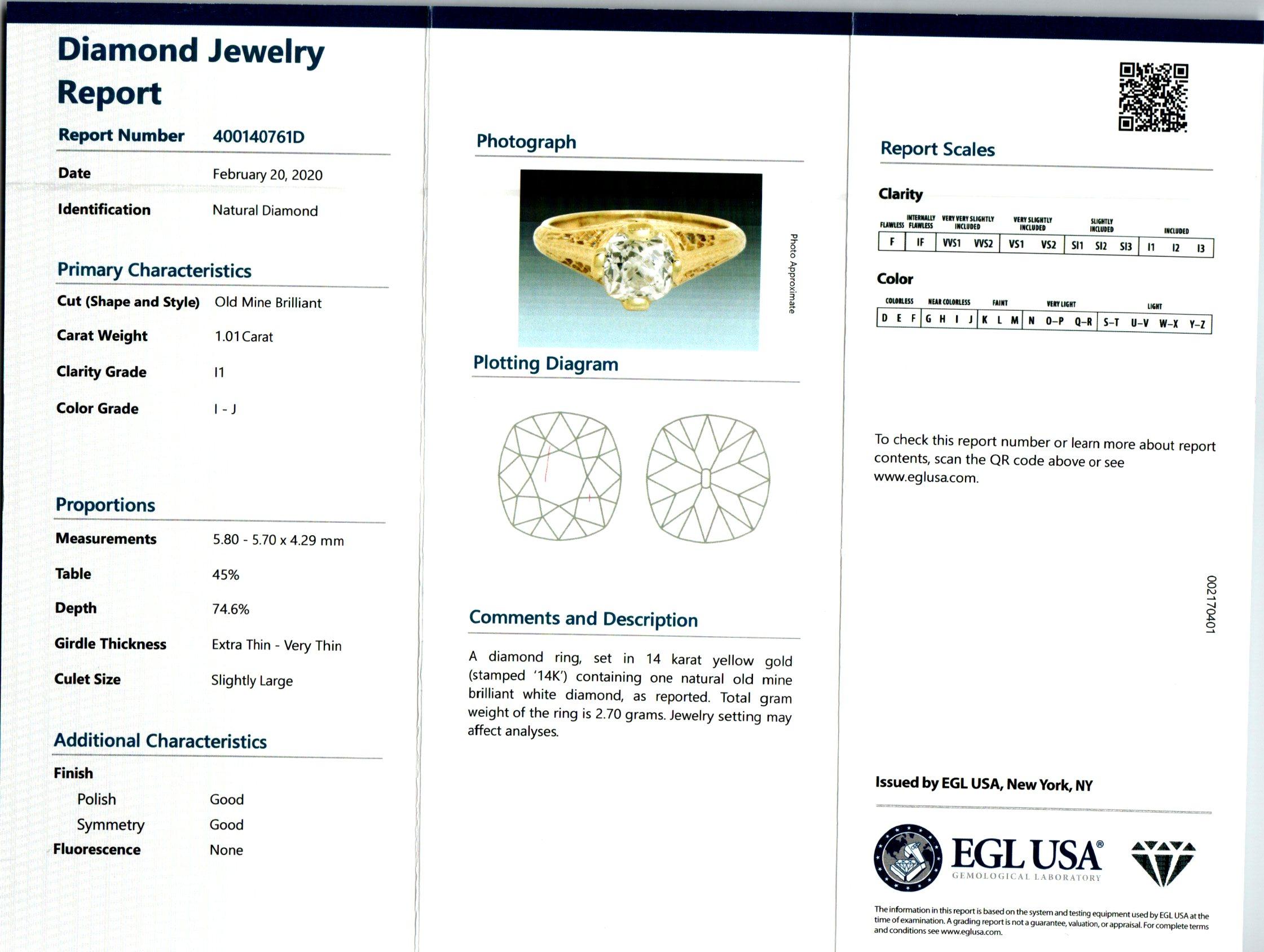 EGL Certified 1.01 Carat Diamond Yellow Gold Engagement Ring For Sale 3
