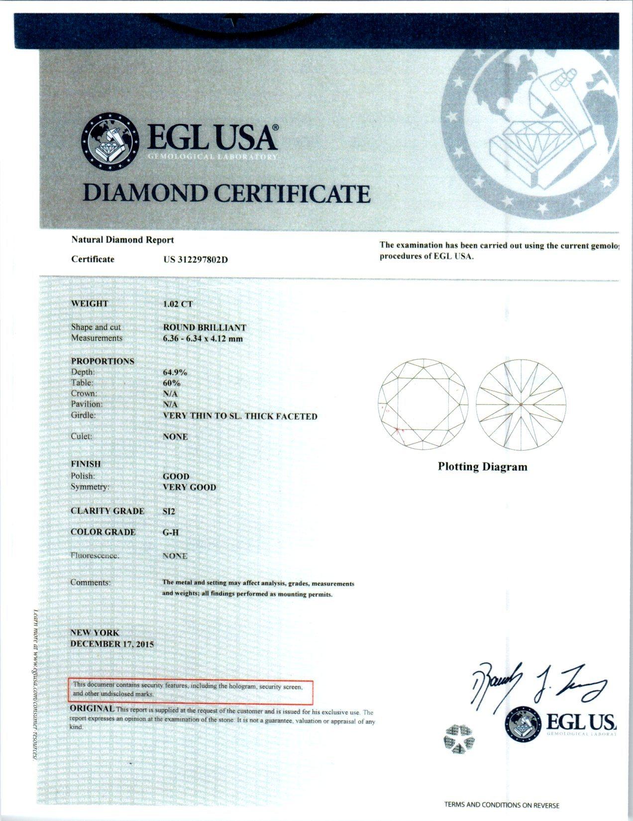 EGL-zertifizierter Verlobungsring mit 1,02 Karat Diamant aus Platin im Angebot 3