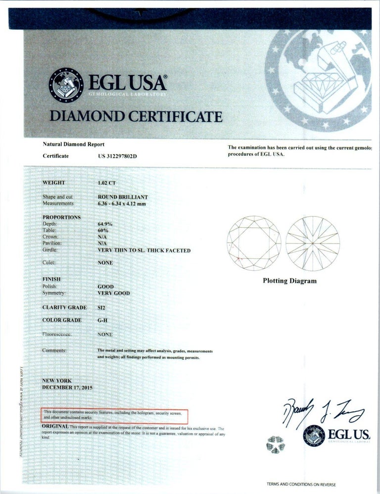 EGL Certified 1.02 Carat Diamond Platinum Engagement Ring For Sale at ...