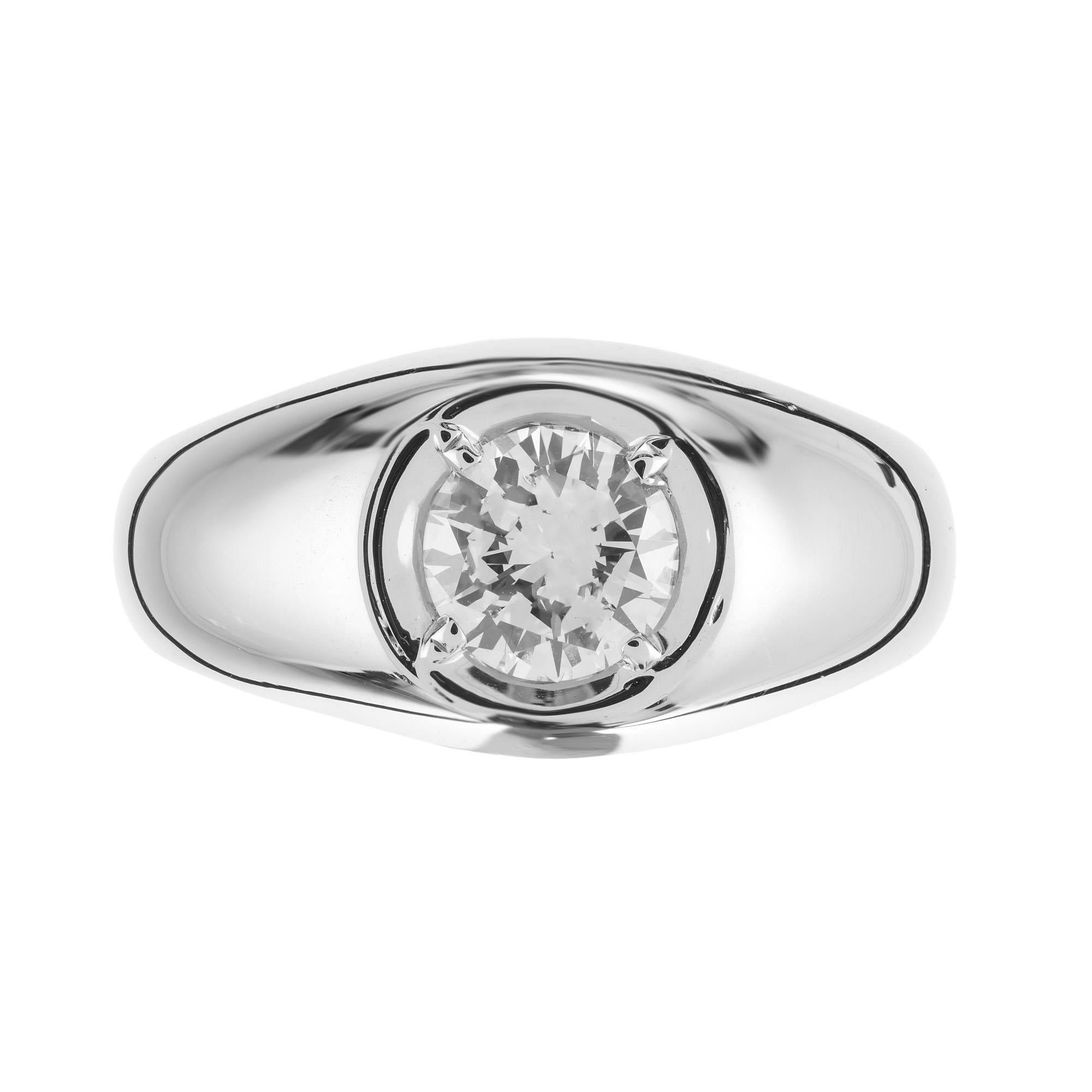 1940's mens diamond ring. Set with one 1.02ct round brilliant cut diamond that is mounted in a platinum dome gypsy style setting. The stone is certified by the EGL as near colorless. 

1 round brilliant cut diamond, G VS approx. 1.02cts EGL
