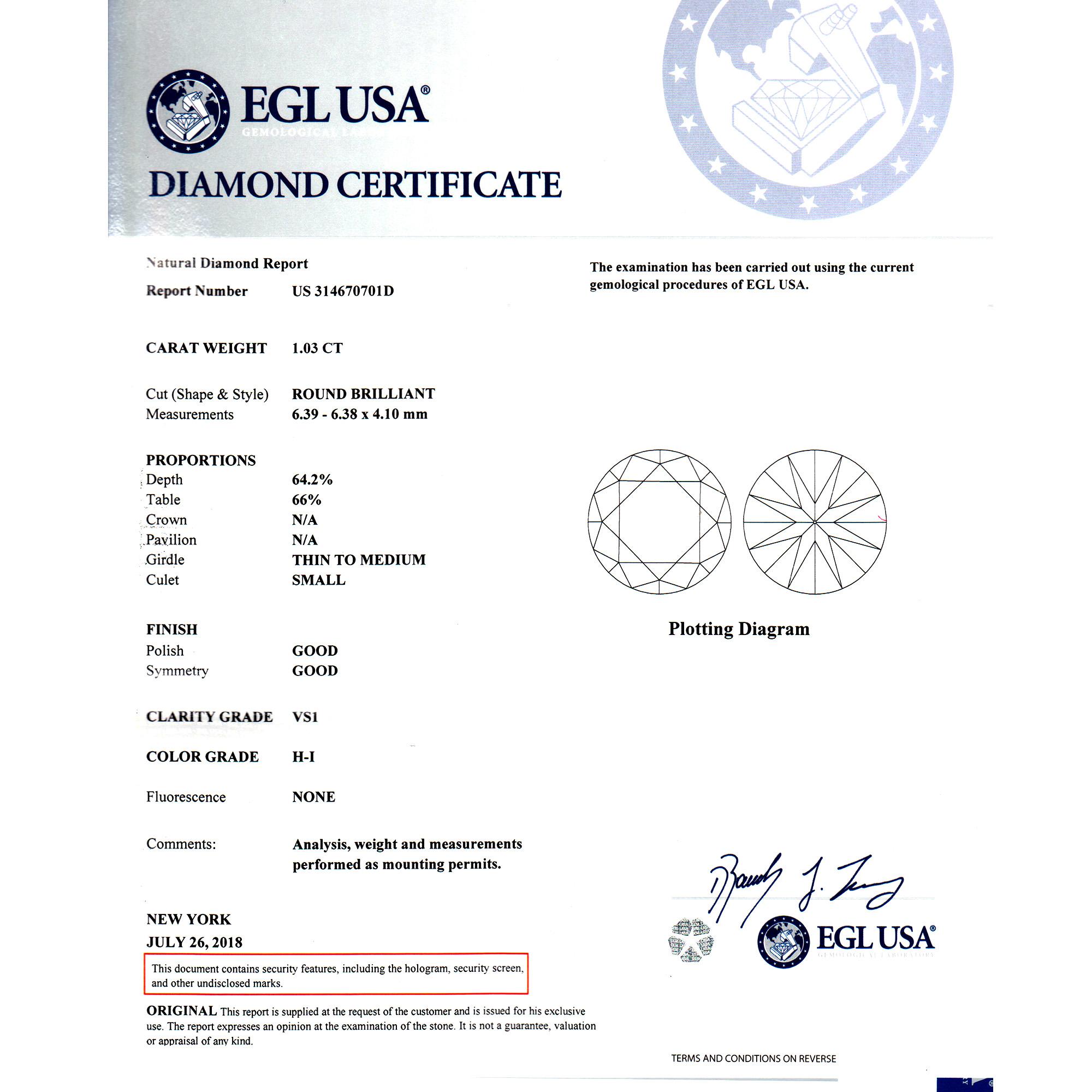 Round Cut EGL Certified 1.03 Carat Diamond Platinum Fishtail Engagement Ring For Sale