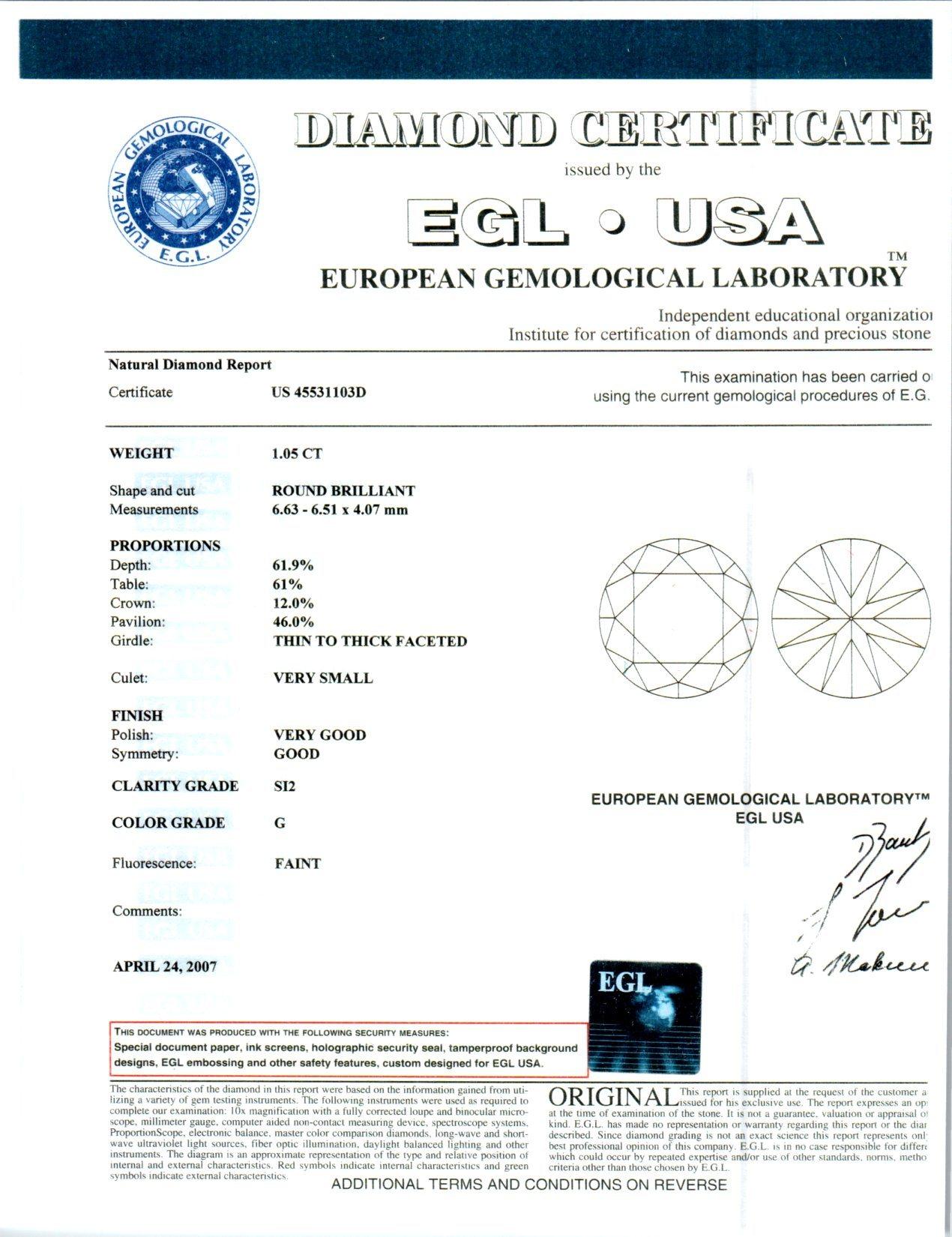 Bague de fiançailles en platine avec diamant certifié EGL de 1,05 carat en vente 3
