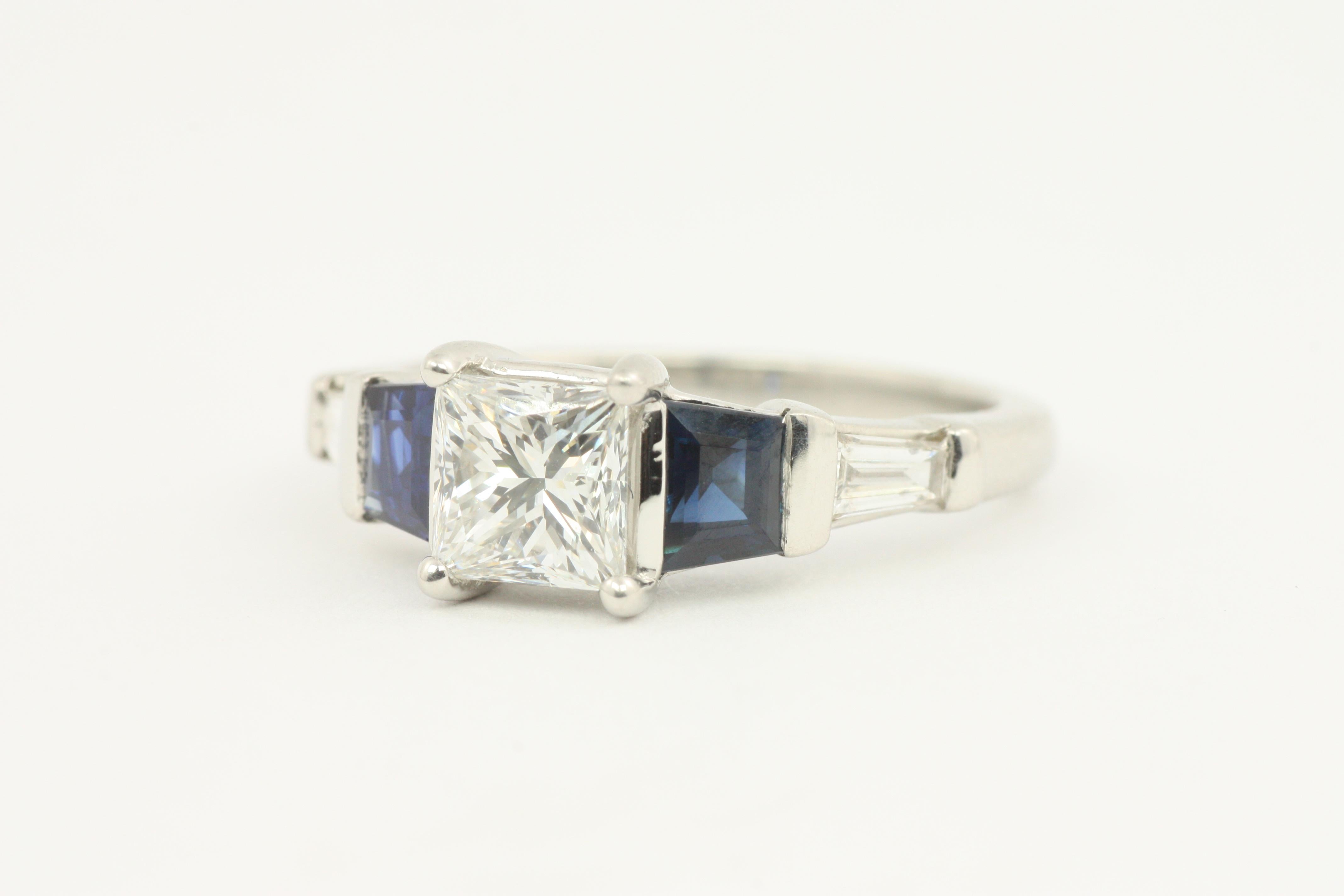 Princess Cut EGL Certified 1.05 Carat Diamond & Sapphire Modern Platinum Engagement Ring For Sale