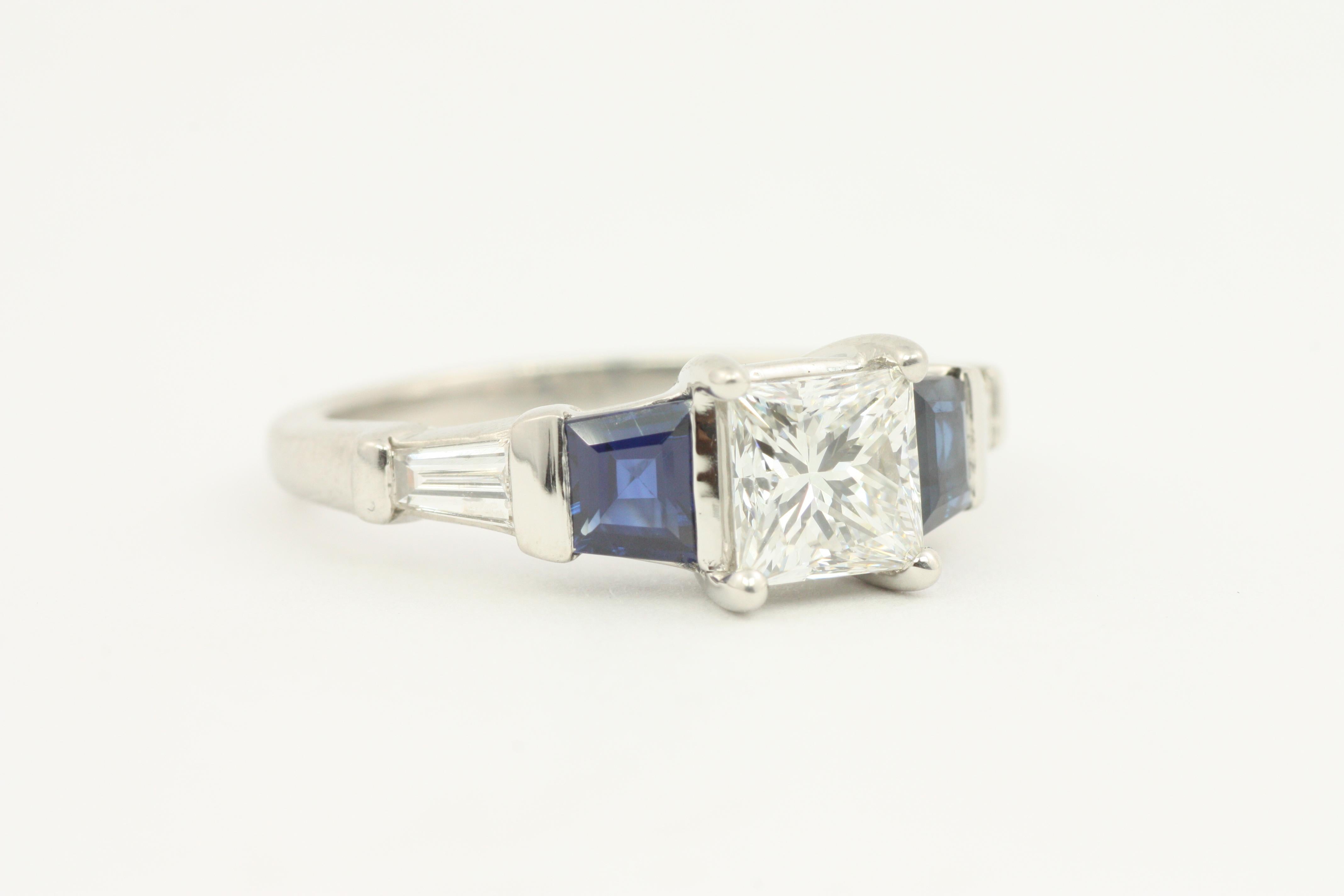 Princess Cut EGL Certified 1.05 Carat Diamond & Sapphire Modern Platinum Engagement Ring For Sale