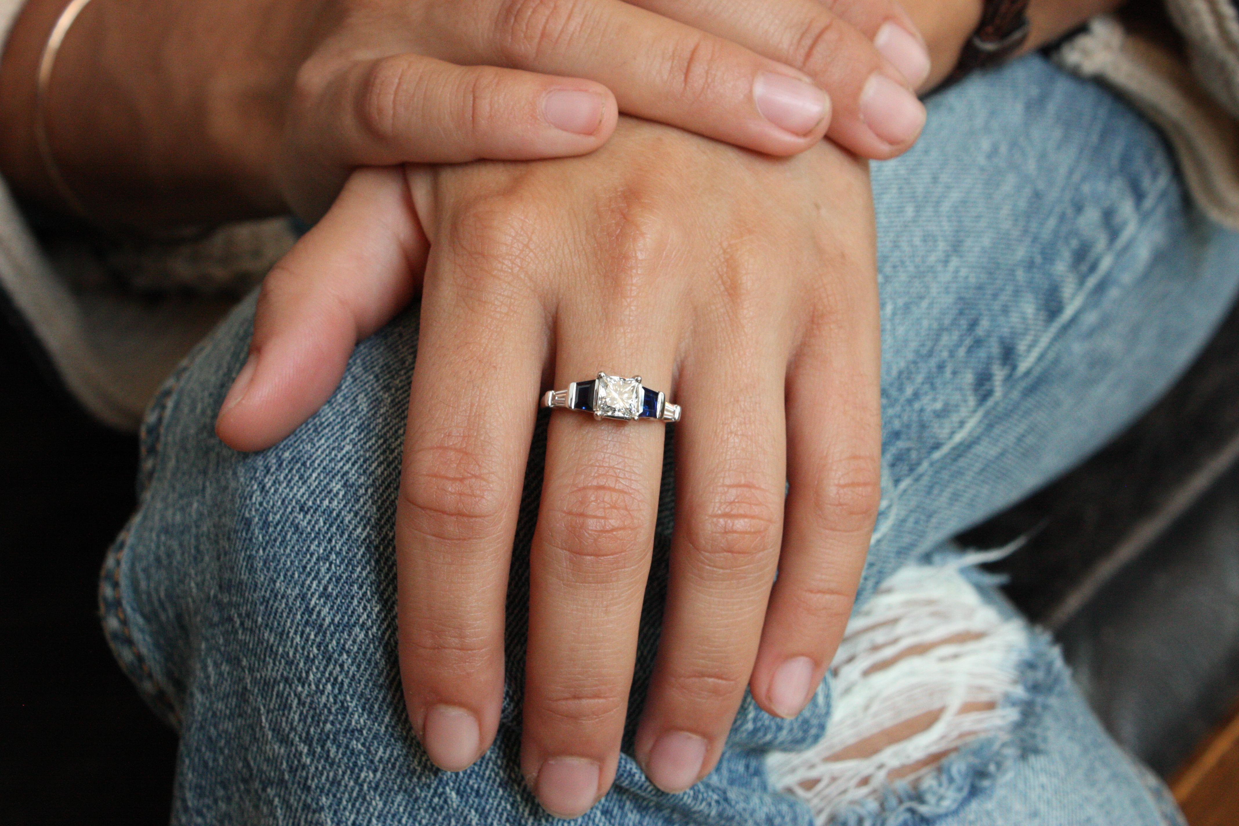 Women's EGL Certified 1.05 Carat Diamond & Sapphire Modern Platinum Engagement Ring For Sale