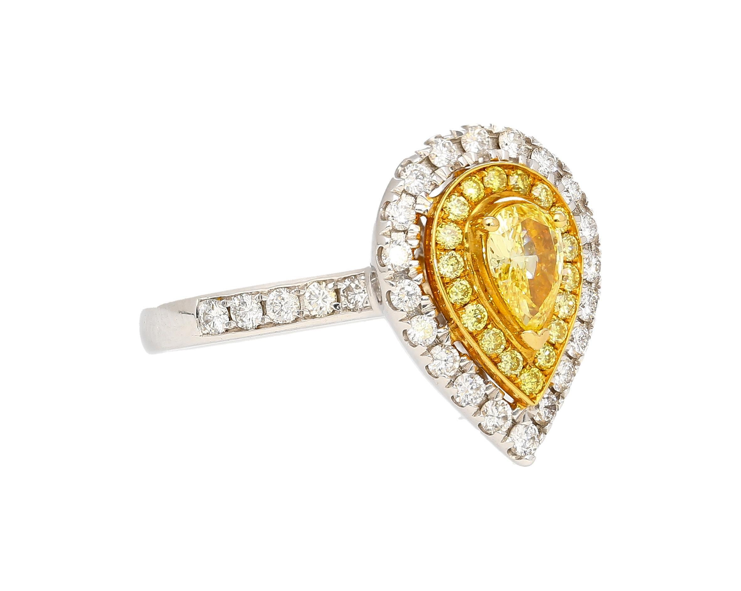 Women's EGL Certified 1.05 Carat Fancy Vivid Yellow Diamond Pear Shape Ring For Sale