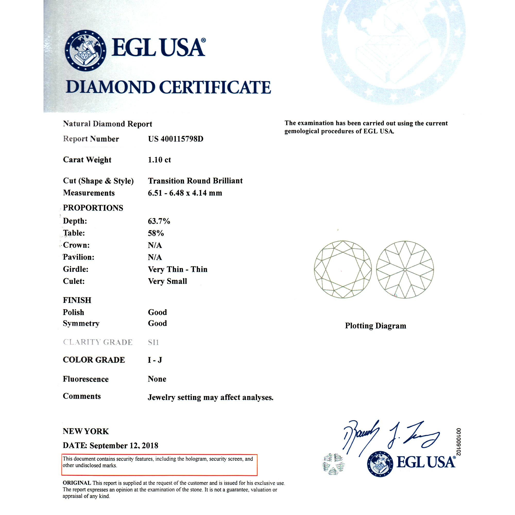 EGL Certified 1.10 Carat Diamond Platinum Engagement Ring For Sale 1