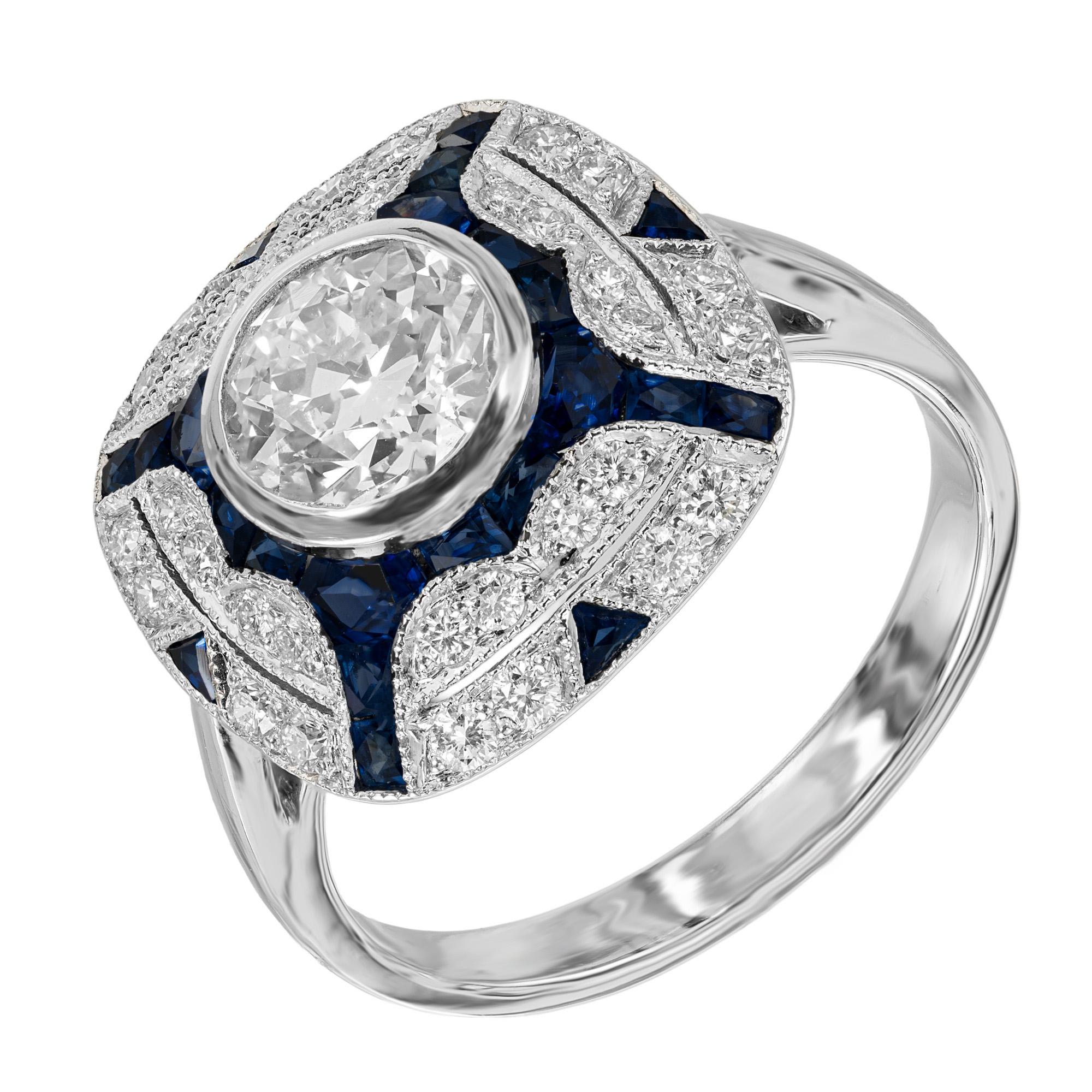 Tauchen Sie ein in die Welt der zeitlosen Eleganz der 1930er Jahre mit unserem Verlobungsring aus Platin mit einem 1,10-karätigen Diamanten und Saphir im Art-Déco-Stil, bei dem exquisite Handwerkskunst auf Vintage-Charme trifft.  Handgefertigter
